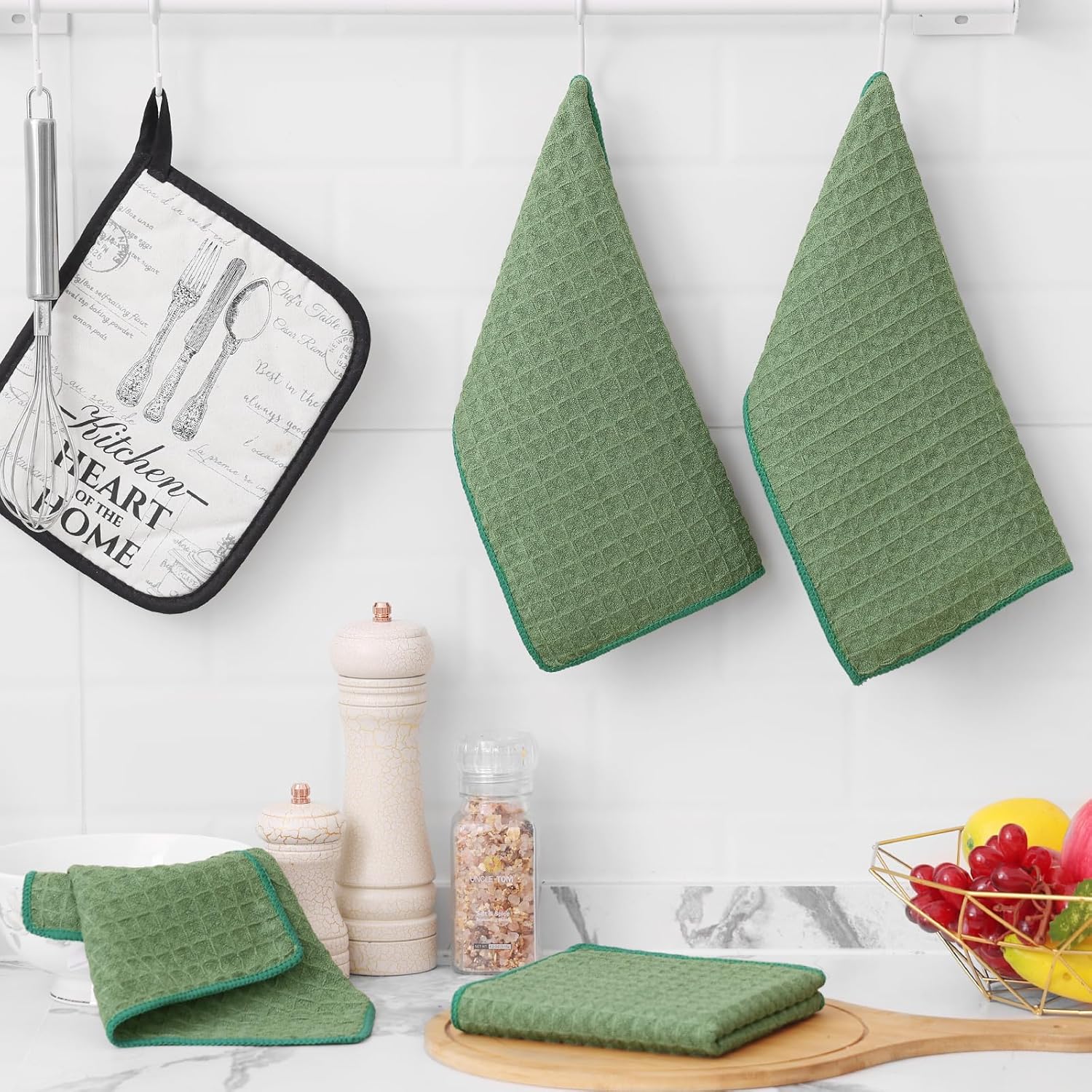 Homaxy Microfiber Waffle Weave Kitchen Towels Set, 16 x 28 Inch and 12 x 12 Inch Ultra Absorbent and Solid Color Dish Towels, 12 Pack, Grass Green