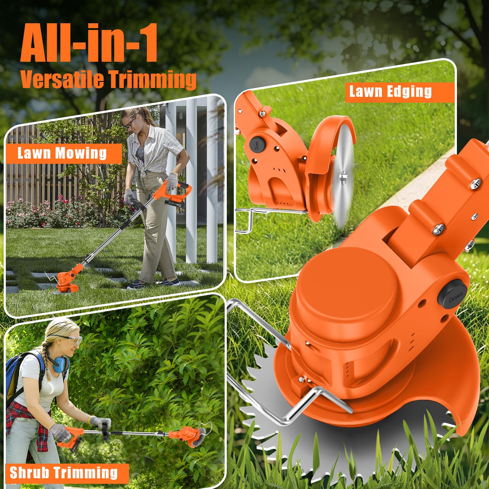 Cordless Strimmer with 4 Blades and 2 x 21V 2000mAh Battery, Garden Strimmer with Foldable Design and Adjustable Telescopic Shaft, Grass Trimmer for Lawn, Bushes and Yard - Orange - 5