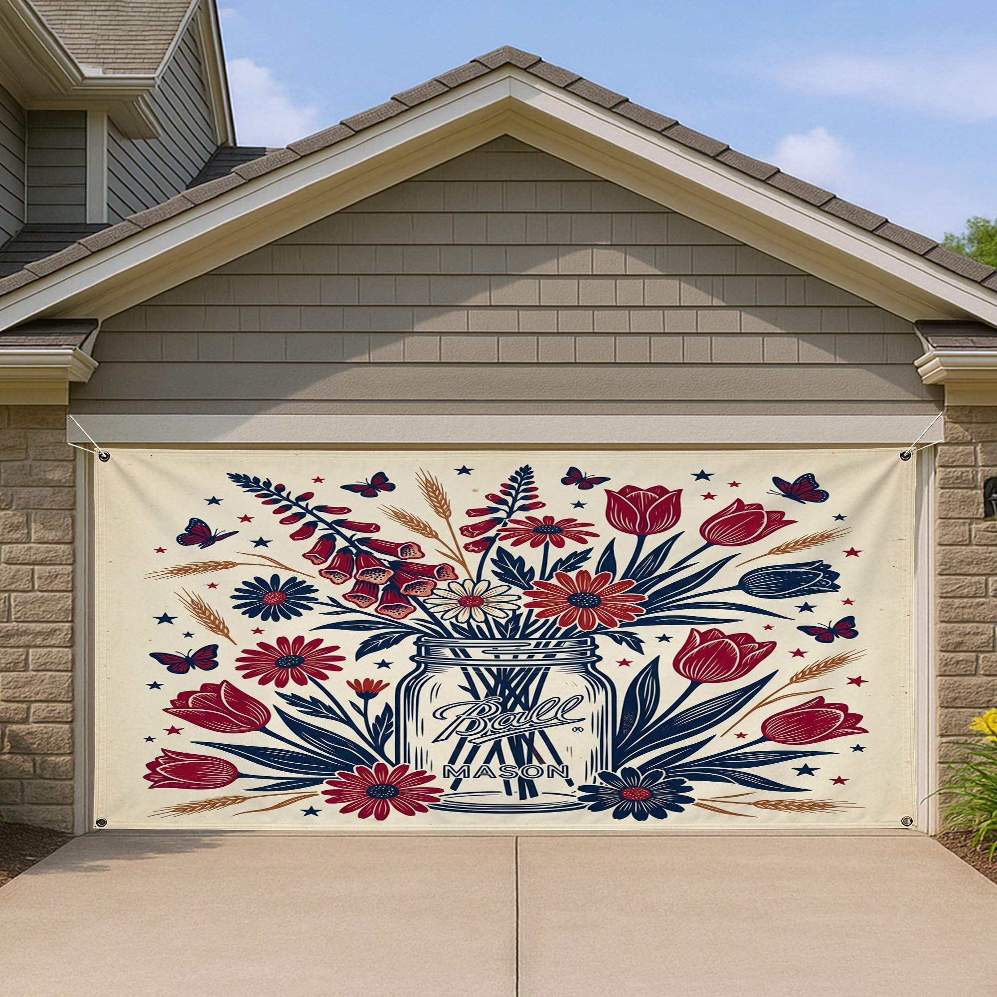 Housse de porte de garage floral vintage Mason Jar décor extérieur rouge et bleu 397x180 cm