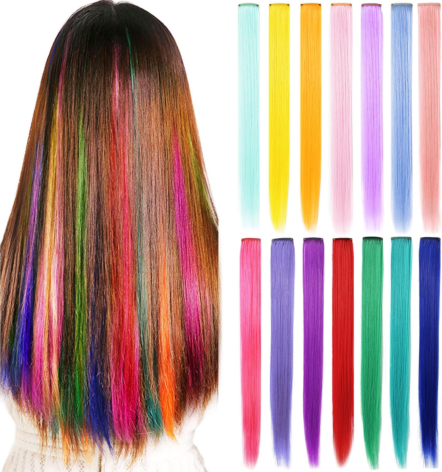 Rhyme 14 PCS 21 inch Colored Hair Extensions Clip in/on for America Women Girls hiar Accessories Wig Pieces Synthetic Rainbow Hair Extensions (Multicolour)