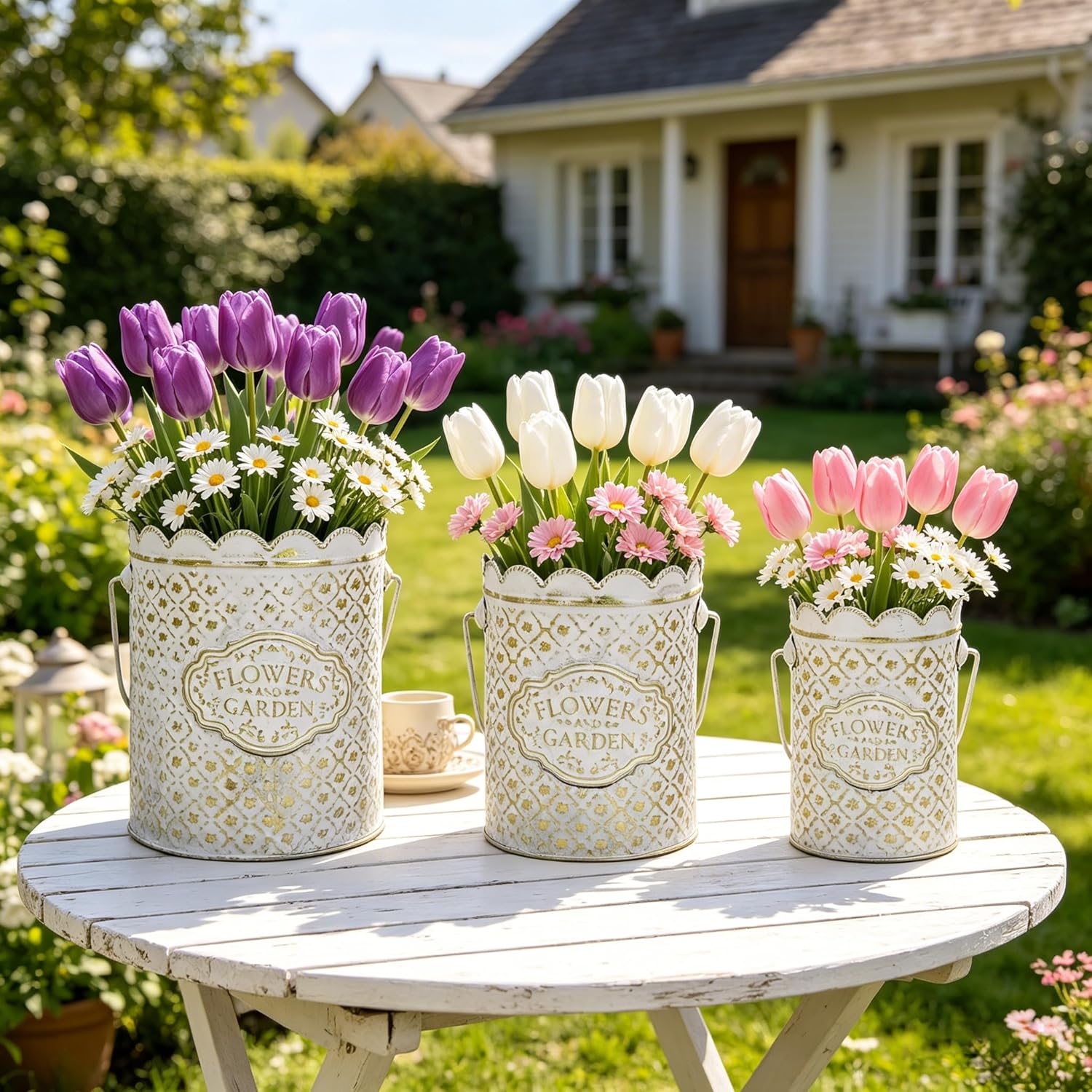 Set of 3 Vintage Distressed Metal Planter Rustic "Flowers and Garden" Embossed Flower Pots with Scalloped Edge & Handle Farmhouse Decorative Floral Buckets for Dried Flowers, Home Garden Decor