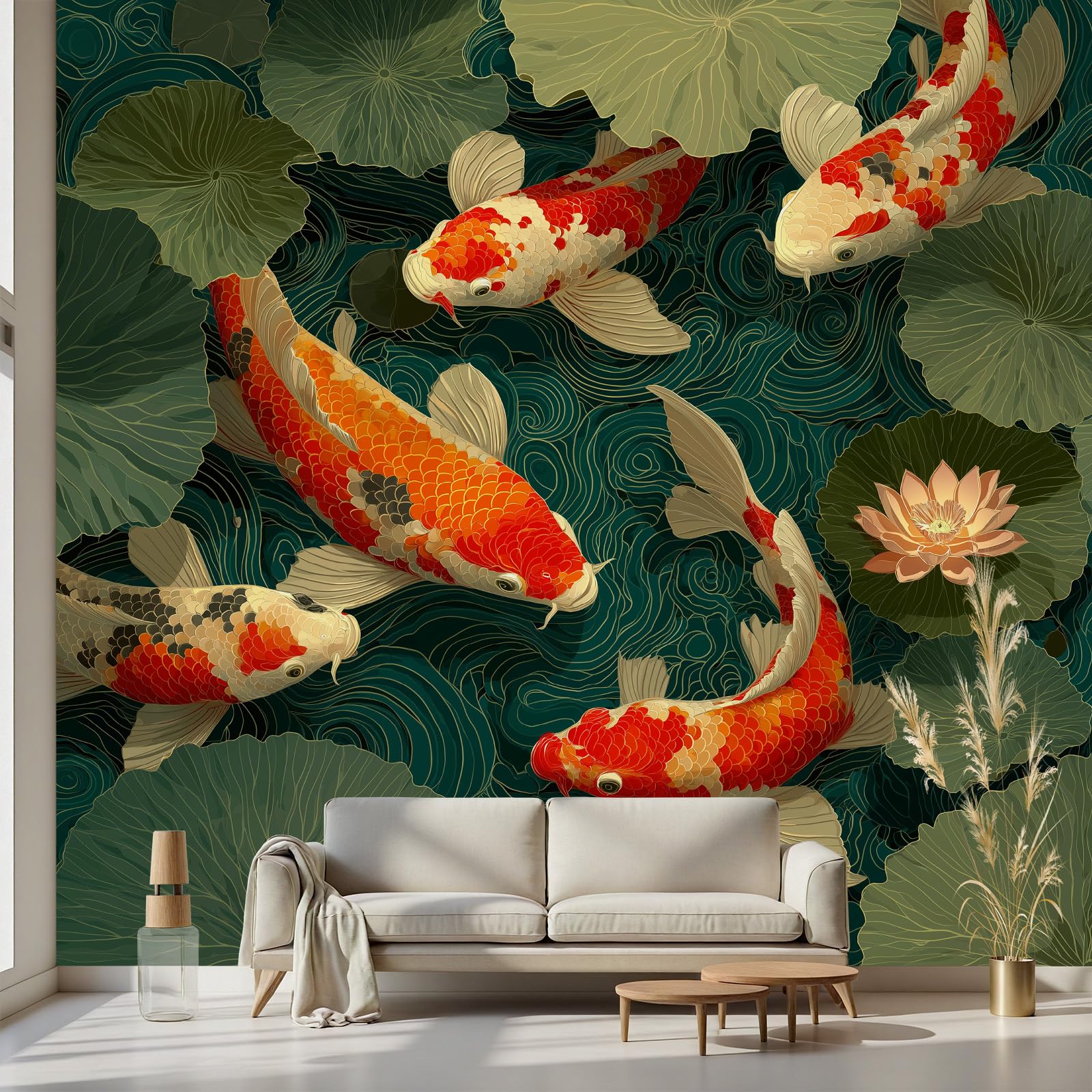 Papier peint intissé carpe lotus pour masquer les imperfections du mur