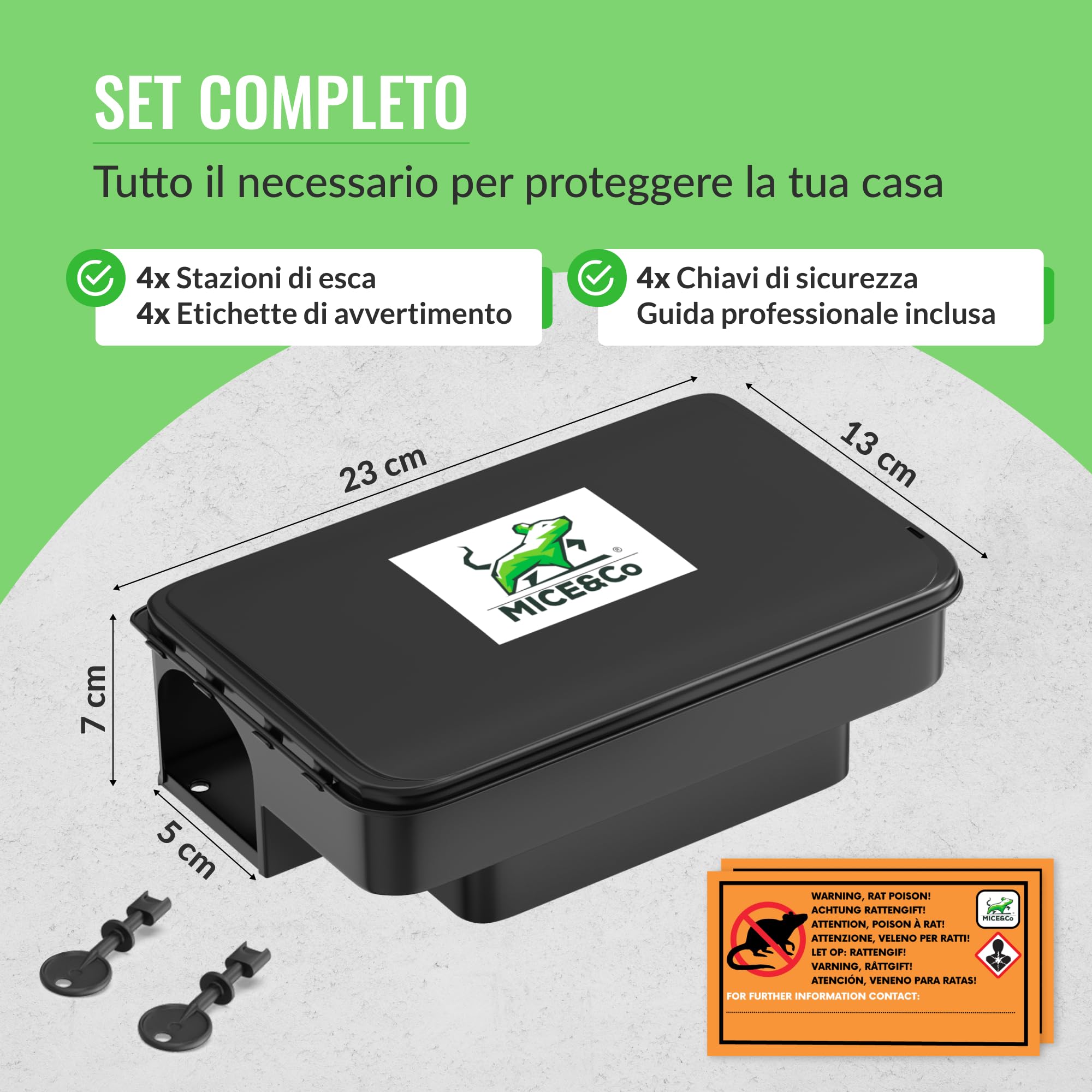 Mice&Co 4X Trappole per Ratti e Topi Professionali e Efficaci – Scatola per Esche Topicida Anti-manomissione – Stazione di Esca Sicura per Bambini e Animali – Interno/Esterno