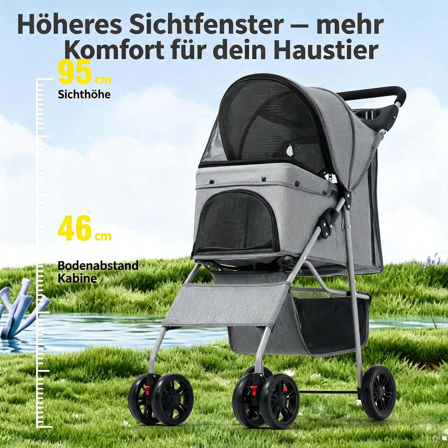 Hundewagen Hundebuggy faltbar Haustier Kinderwagen mit verstellbarem Sonnendach, Polster & Korb, Räder mit Bremse Getränkehaltern Speiseteller Katze & Kleintiere,Schwarz