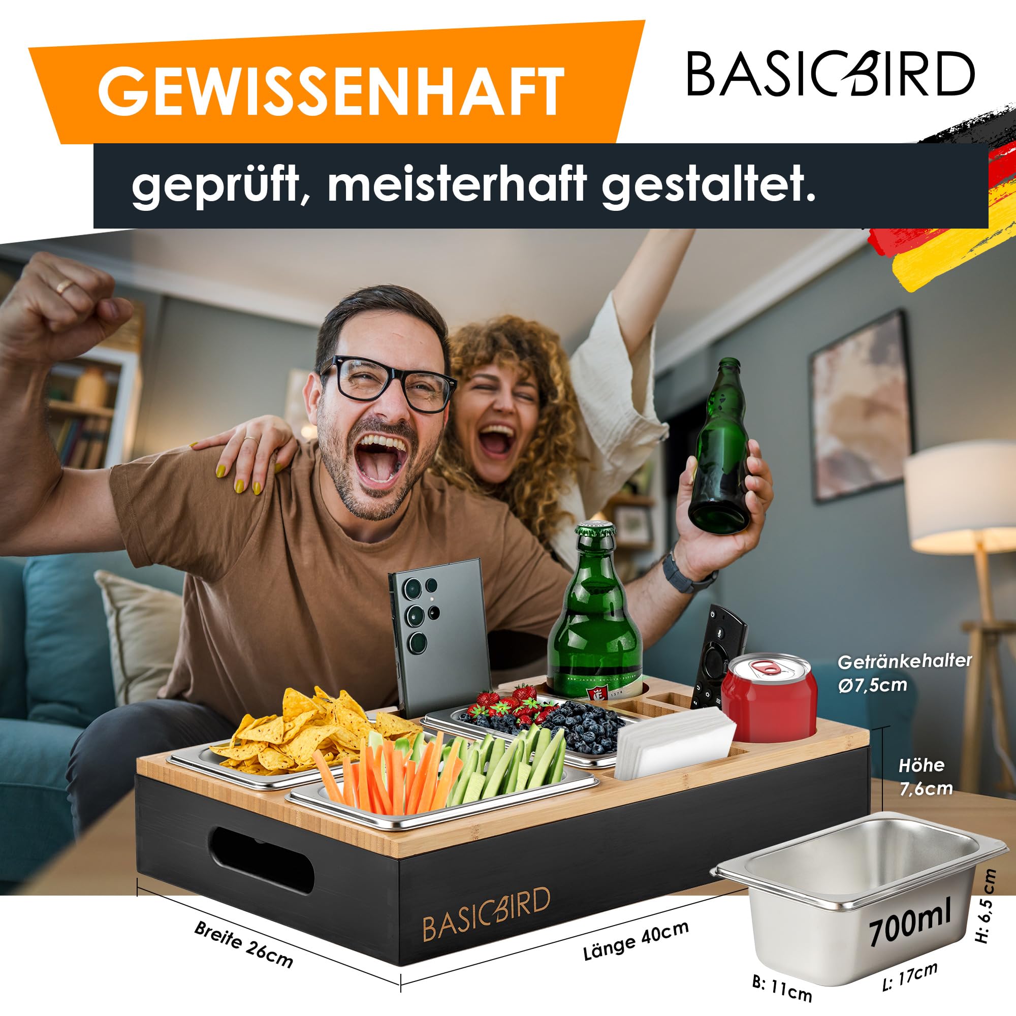 BASICBIRD® Couchbar Snackbox Organizer Tablett mit 3X Snackschale Holz Sofatablett Getränkehalter Schwarz