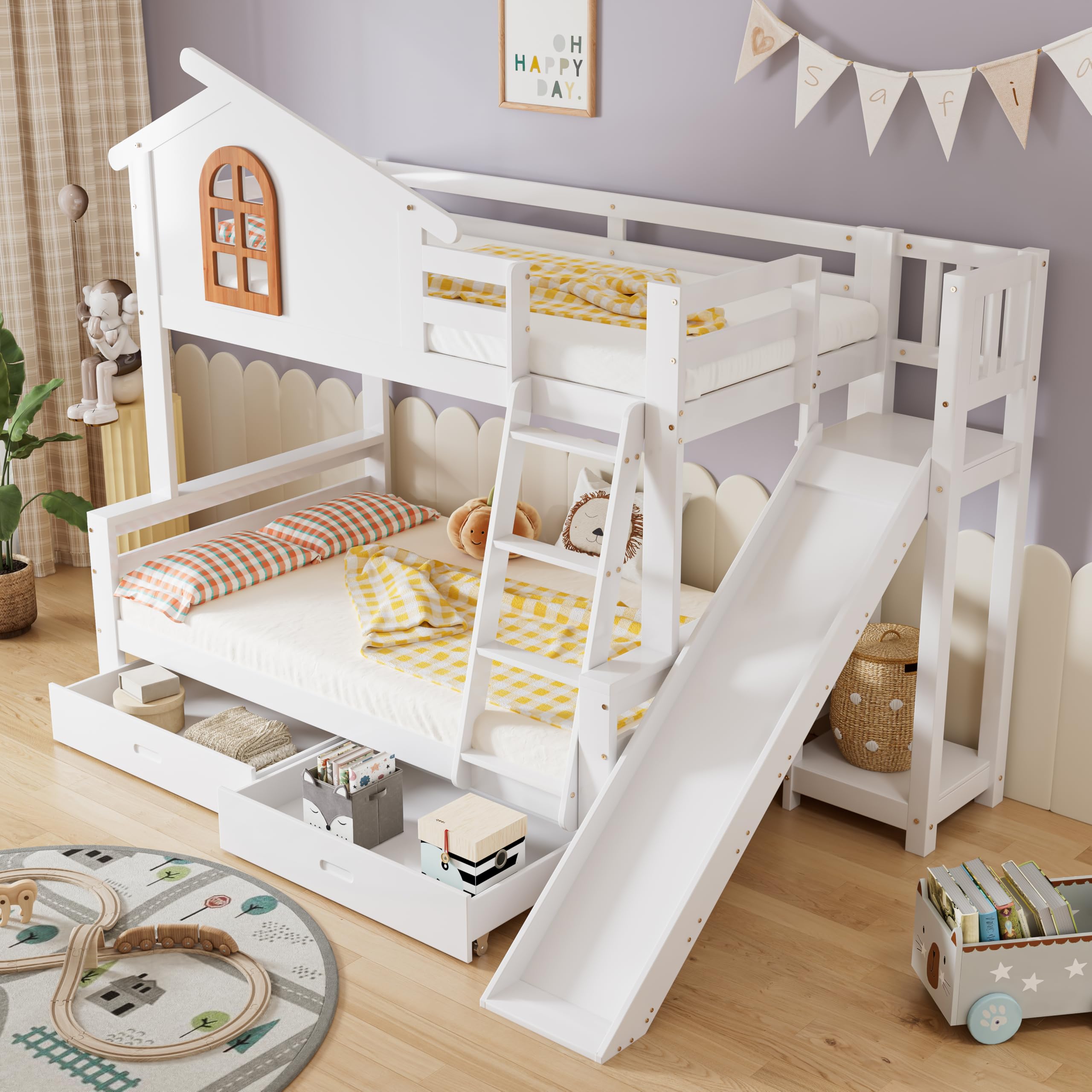 Hochbett mit Rutsche, Kinderbett Etagenbett 90x200 & 120x200, Hausbett mit charakteristischen Fenstern und Zwei Schubladen, Kinder und Mutterbett, Bett mit Lattenrost, Massivholz, Weiß