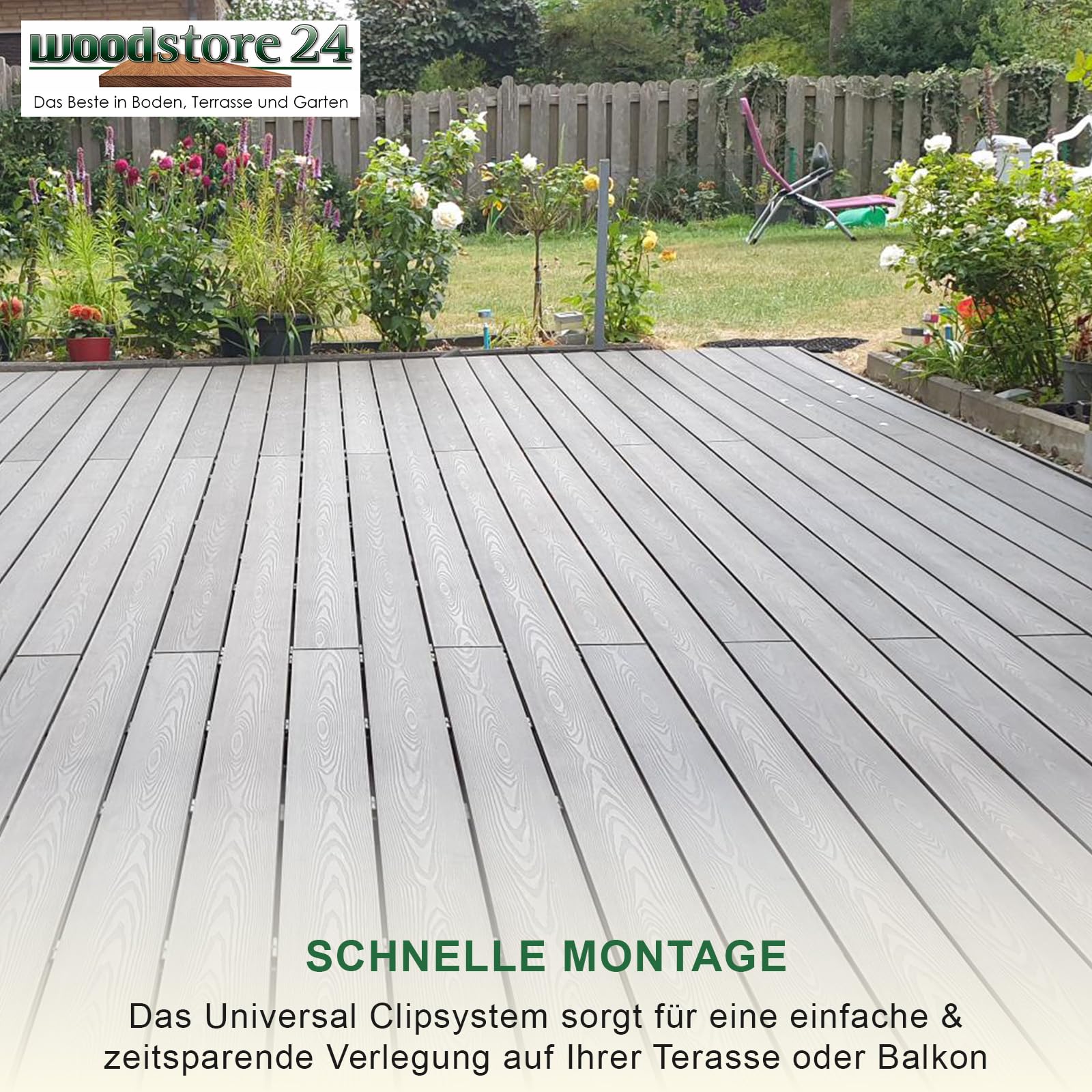 Terrassendielen WPC Diele Komplettset 3D Holzstruktur WoodoMykonos (25 x 145mm, Länge: 2,40m) in anthrazit (Anthrazit, 5 m²)