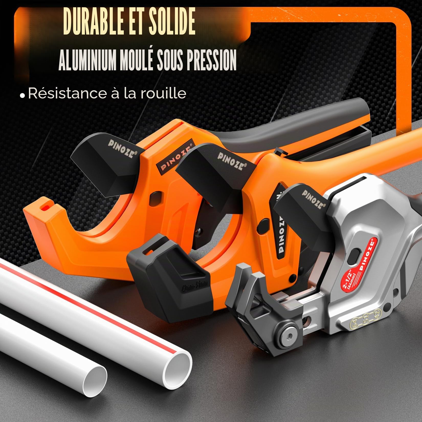 PINOZE Coupe-tuyau PVC, 3 vitesses réglables coupe jusqu'à 6,35 cm (2-1/2"), outil coupe-tuyau à cliquet robuste pour PVC, PPR, PE, PEX, tuyaux plastique et tuyaux de plomberie avec lame SK5 revêtue