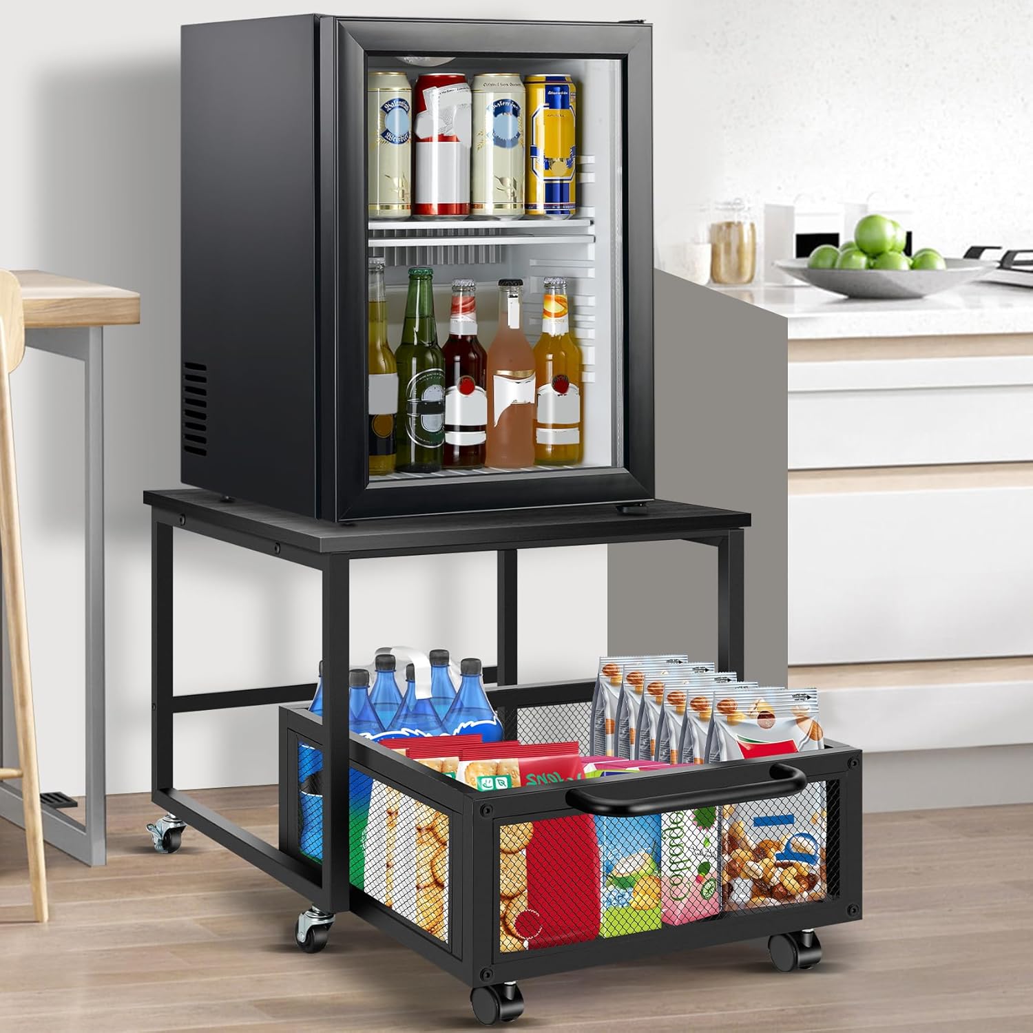 Mini Fridge Table with Storage and Wheels, Mini Fridge Table with Large Storage Capacity, Removable Mini Fridge Cart, Fridge Stand Suitable for Kitchen, Room, Office, Black Mini Fridge Table with Storage and Wheels, Mini Fridge Table with Large Storage Capacity, Removable Mini Fridge Cart, Fridge Stand Suitable for Kitchen, Room, Office, Black