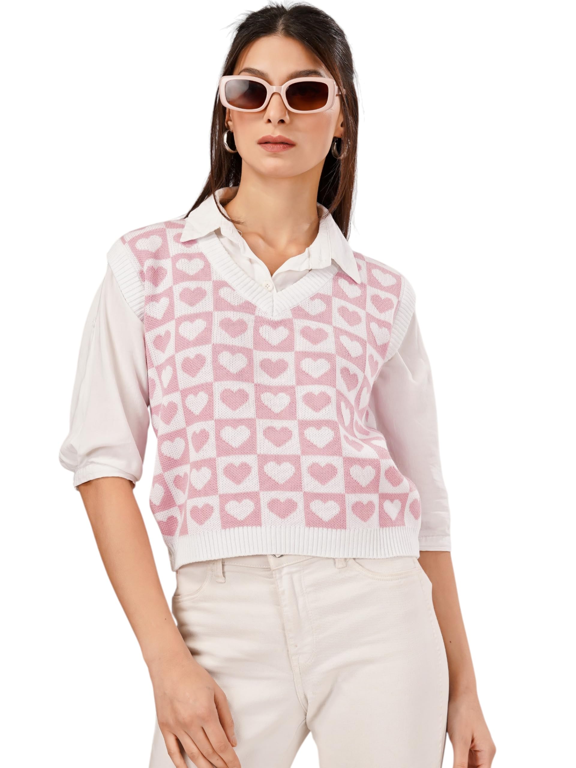 Women's Stylish V-Neck Sleeveless Sweater – Trendy Printed Design, Lightweight & Perfect for Layering or Standalone Wear