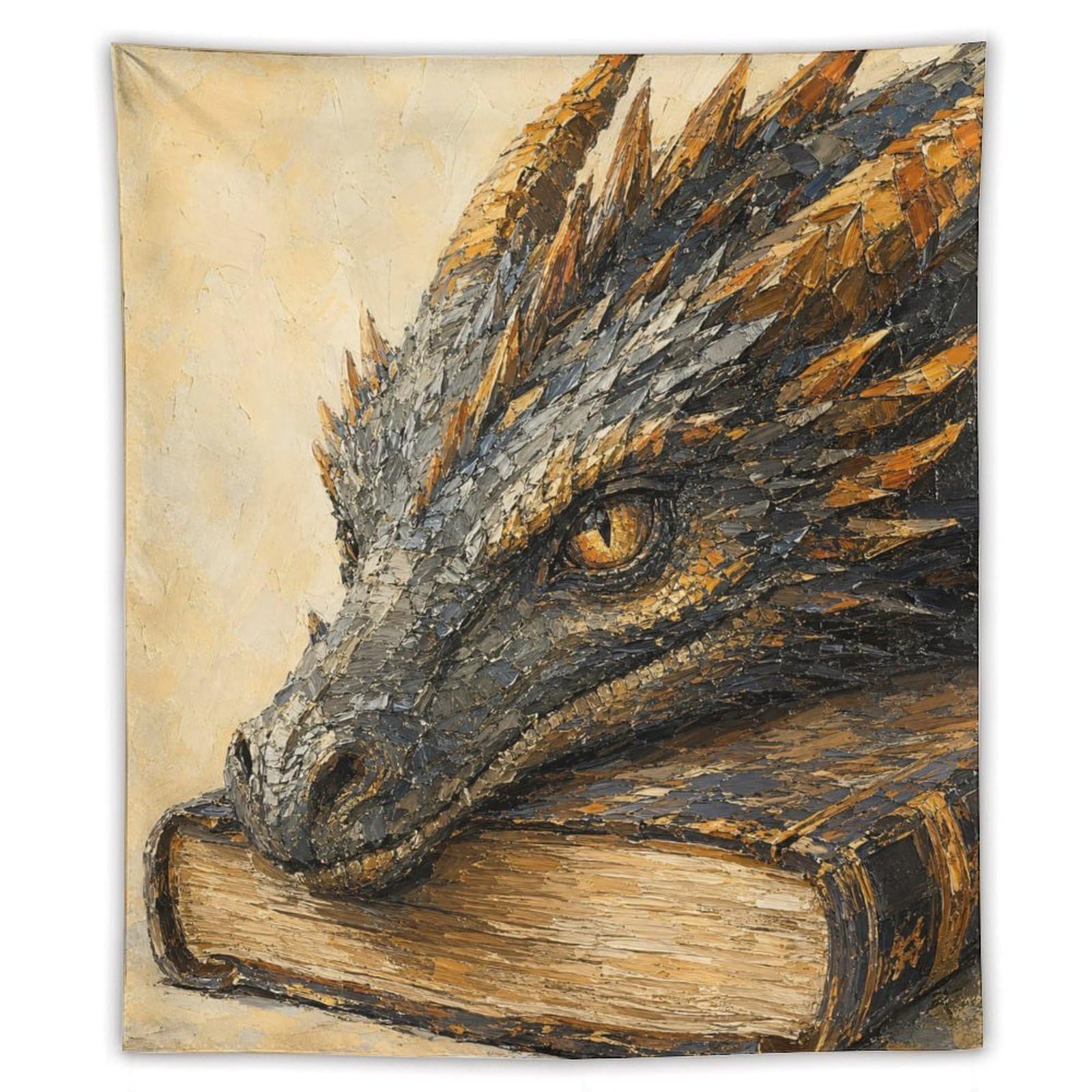 W7C8U2X3 Dragon Resting on Book Wall Tapestry, Surrealist Style, Sofa Area