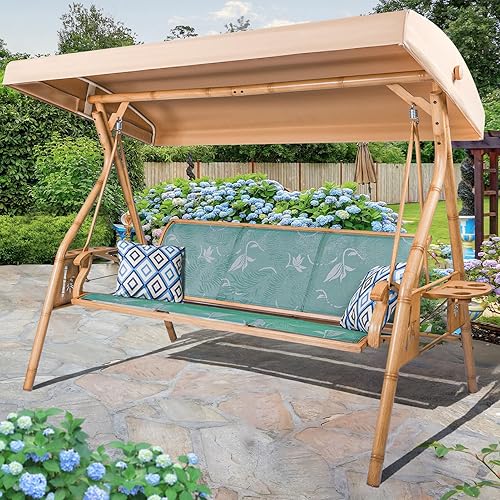 Columpio de patio para 3 personas para adultos con toldo ajustable y portavasos mejorados, tela de textileno, silla de columpio con soporte