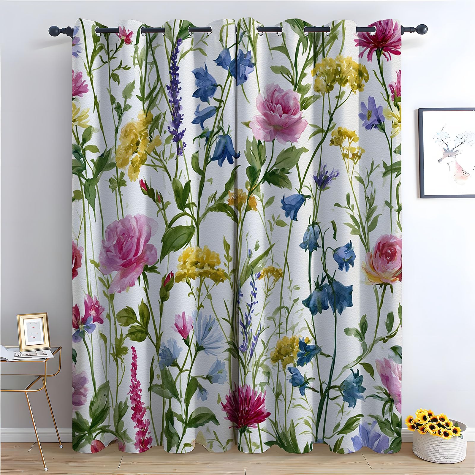 TERUEA Waterfall Nature Scene Curtains, Soft watercolor wildflower botanical mixed Curtains Nature Landscape Scenery Fabric Polyester-42 W x 84" L (Pack of 2)