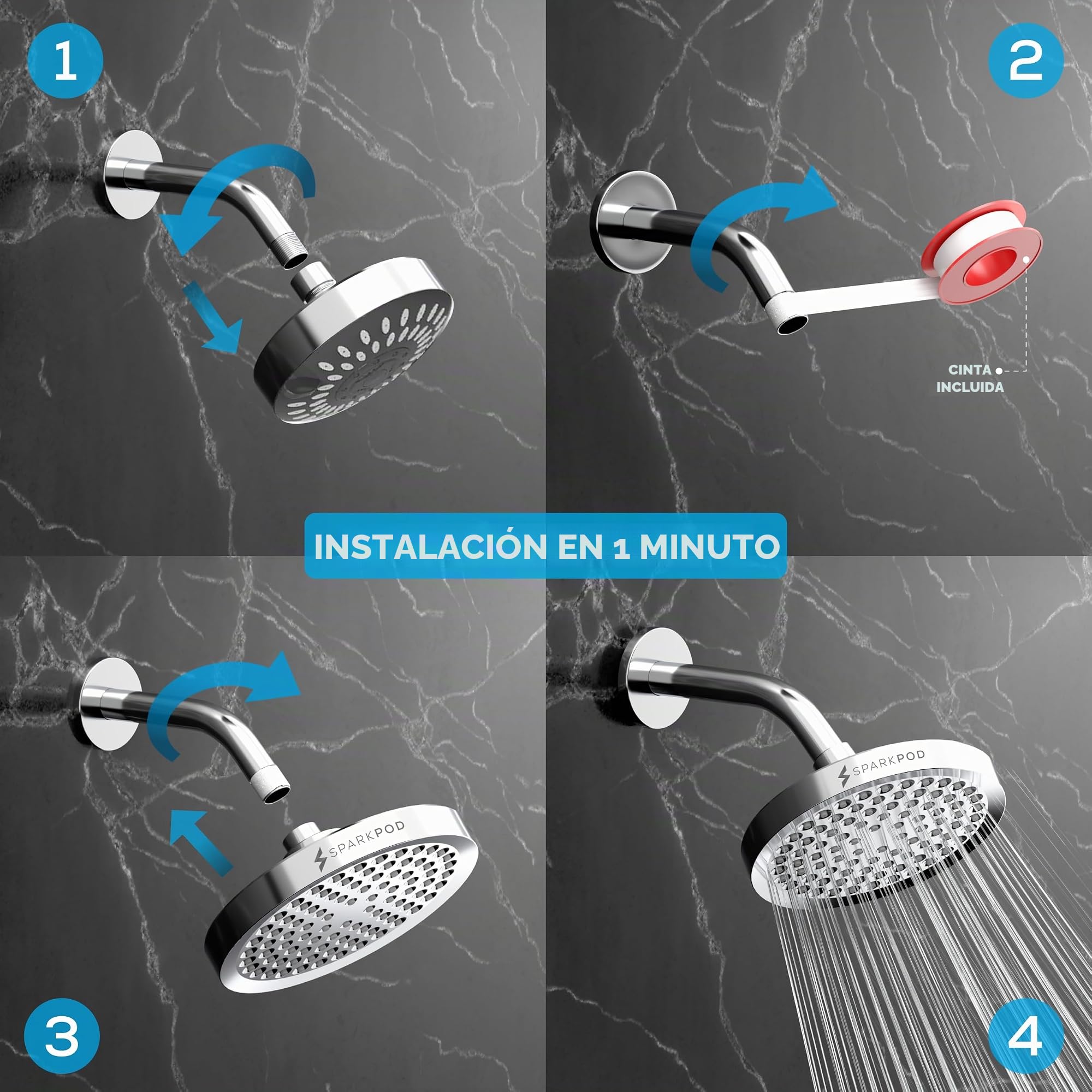 SparkPod Cabezal de ducha fijo, lluvia de alta presión, aspecto cromado moderno de lujo, fácil instalación sin herramientas, el reemplazo ajustable perfecto para tus cabezales de ducha de baño