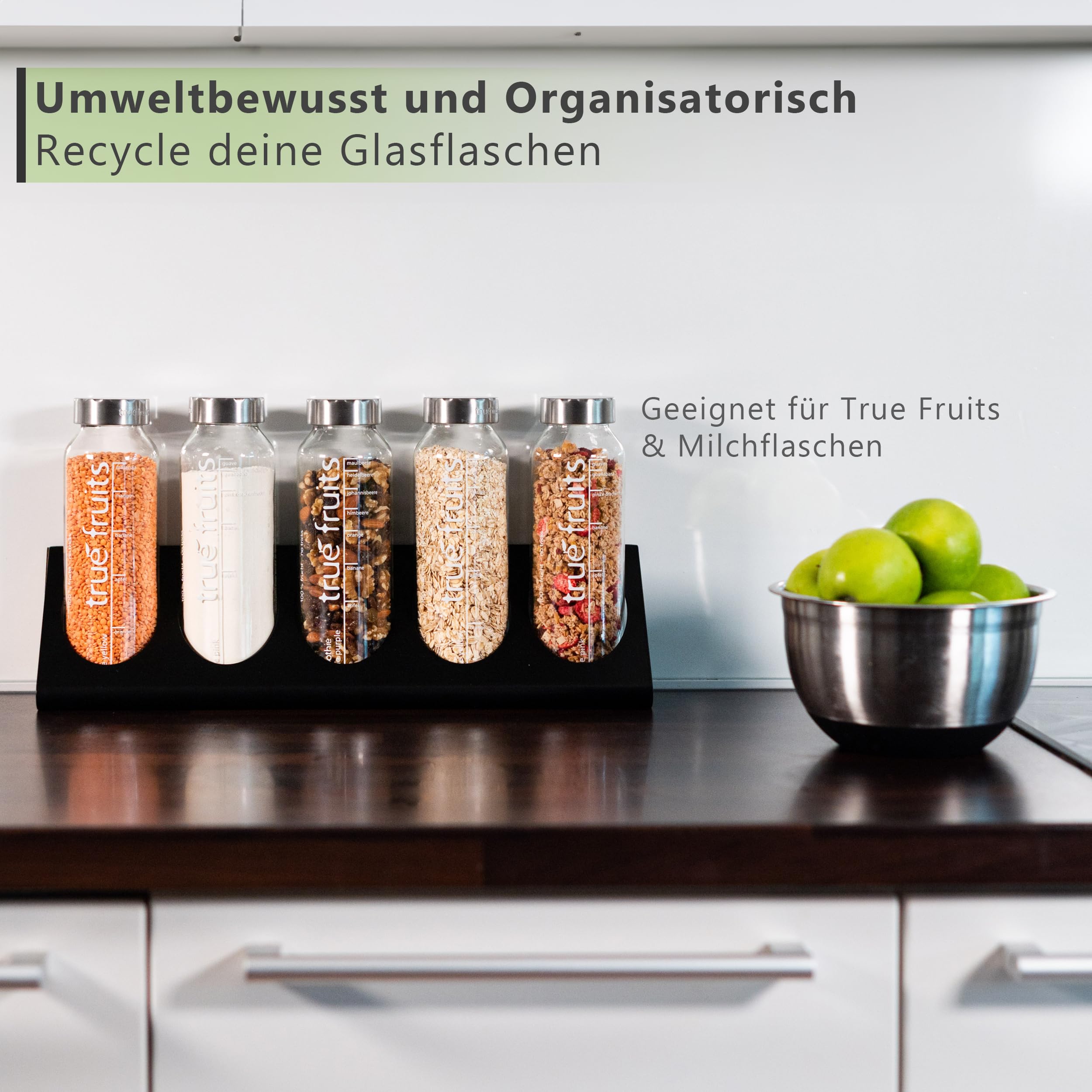 Flaschenregal und Küchenorganizer - Echtholz Eiche/Walnuss, für 3 oder 5 true fruits Flaschen, Wandmontage Gewürzregal, Küchenaufbewahrung, Küchenregal, Made in Germany (Eiche, für 5 Flaschen)