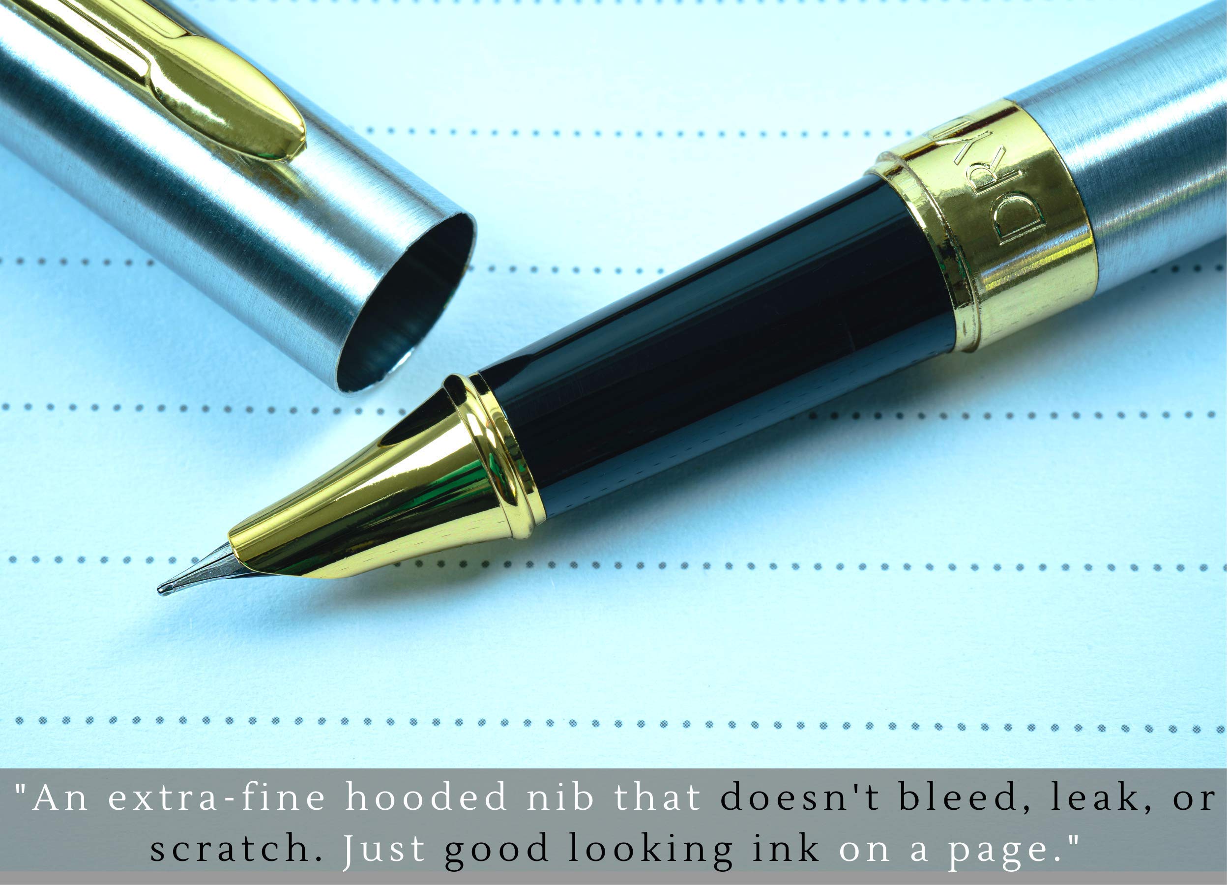 Dryden Designs Fine Nib Fountain Pen - Includes 24 Ink Cartridges - 12 Black and 12 Blue - Silver - Smooth Elegant Writing with Fine Nib and Ink Converters