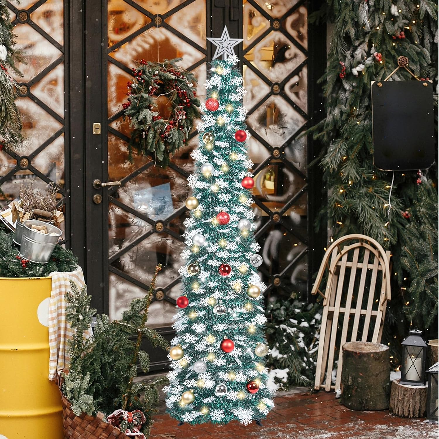 5 FT Pop Up Christmas Tree with Timer Lights and Decorations, Green Tinsel Artificial Christmas Tree with 24 Balls Ornaments, Collapsible Pencil Tree for Xmas Home Office Party Decor