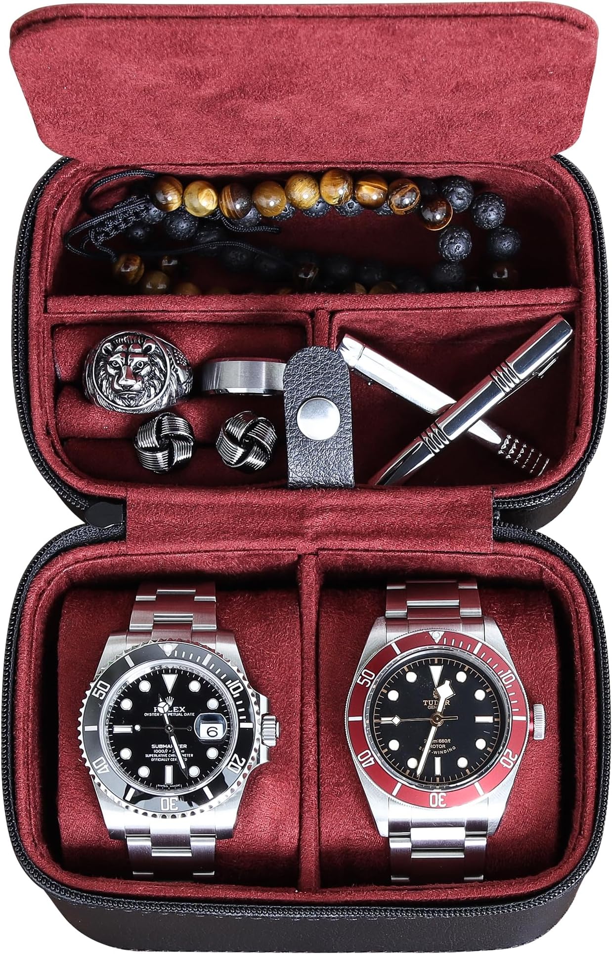 ROTHWELL Double Watch Travel Case Storage Organizer for 2 Watches | Tough Portable Protection w/Zipper Fits All Wristwatches & Smart Watches Up to 50mm (red)