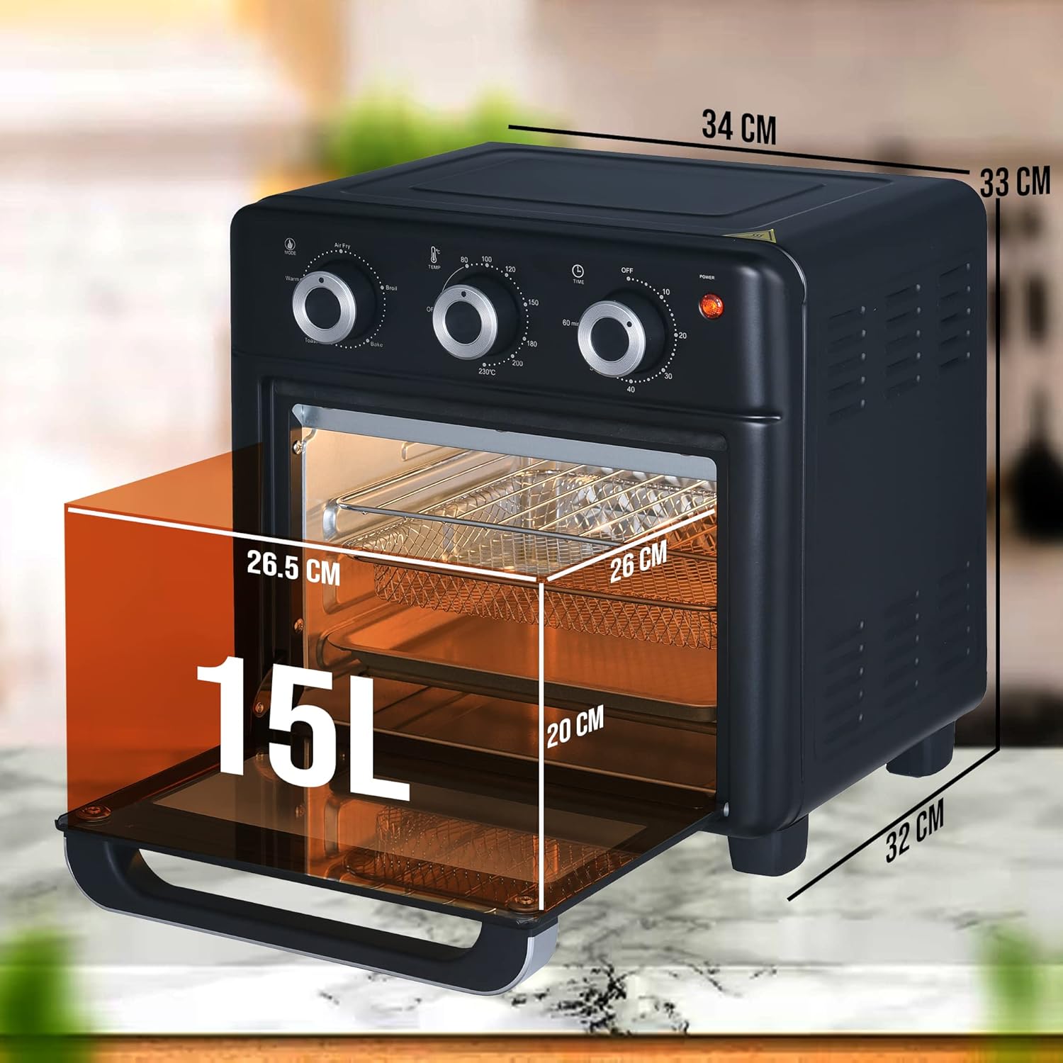 Dimensions of the Belaco 15L Air Fryer Oven: 32 cm depth, 34 cm width, 33 cm height, with internal dimensions of 26.5 cm height, 26 cm width, and 20 cm depth, indicating a 15L capacity.