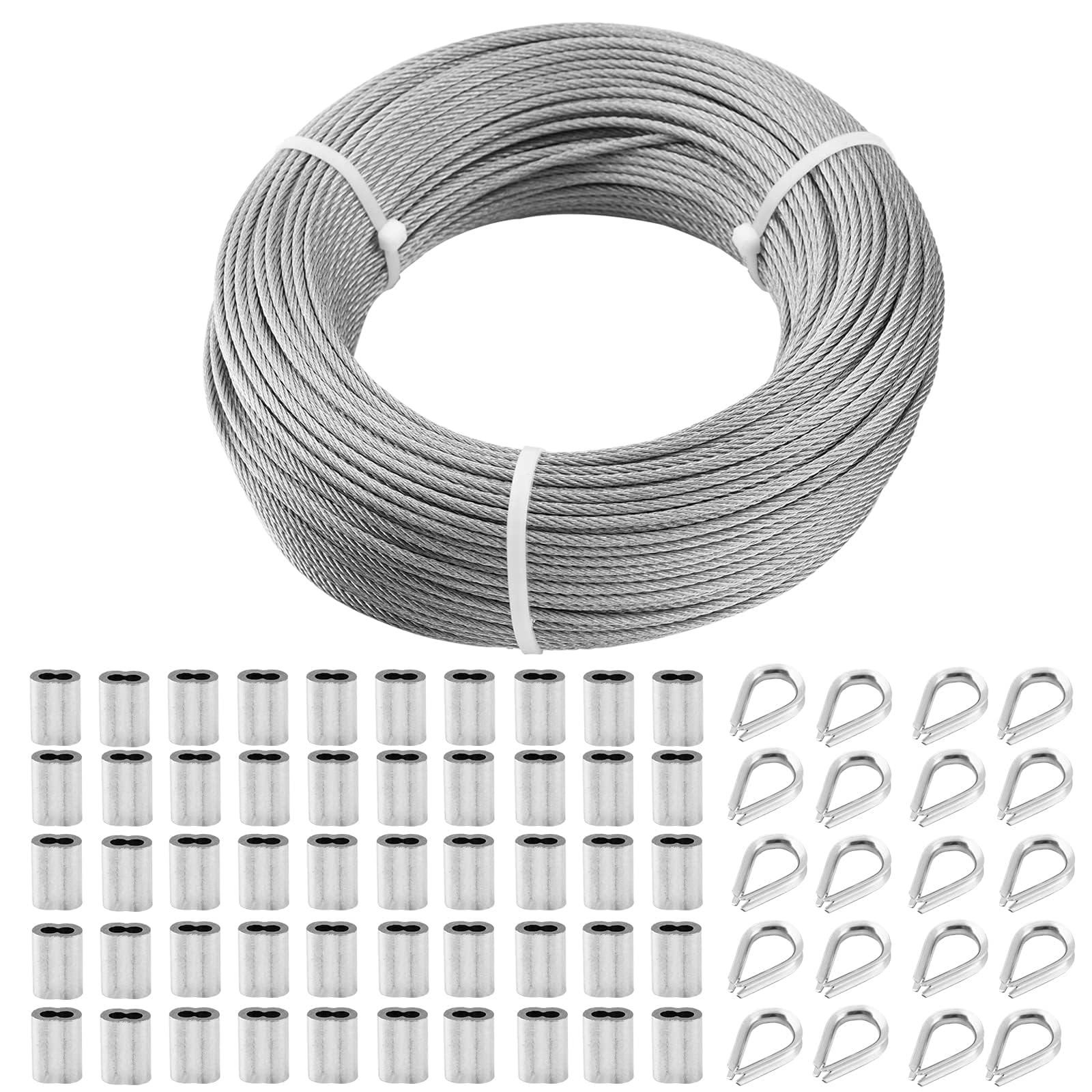 TooTaci Câble en Acier Inoxydable 3mm, 100M avec Manchons de Sertissage M3 & Cosse – Idéal pour Treillis de Jardin, Support de Clôture, Garde-Corps & Solutions de Suspension Extérieures