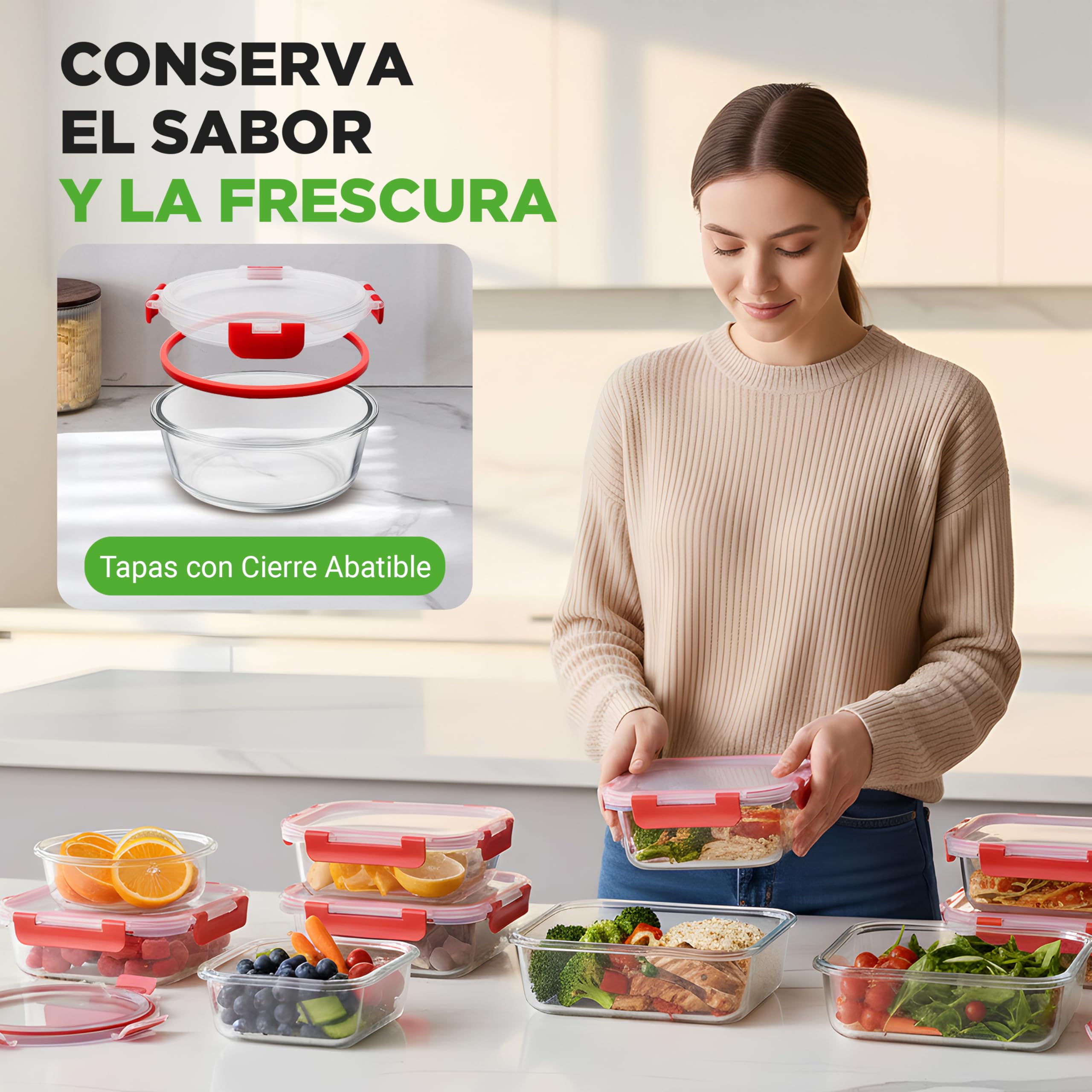 Nutrichef frascos de vidrio, 12 piezas con tapas hermeticas, Tapers aptos para microondas, Congelador y Lavavajillas automatico. Contenedores ideales para comidas, frutas y mas