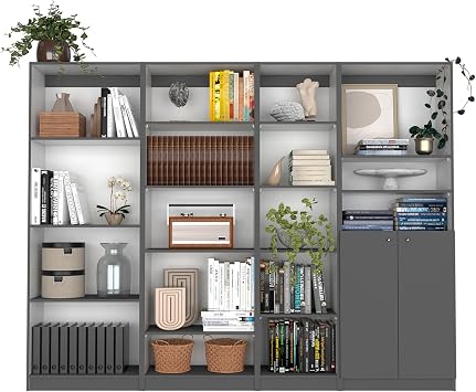 Tuhome Dixie 4 Piece Living Room, Home 4 Shelves Bookcase & Home 2-Door Bookcase, Matt Gray/White, Modern Storage for Living Room, Office, Bedroom