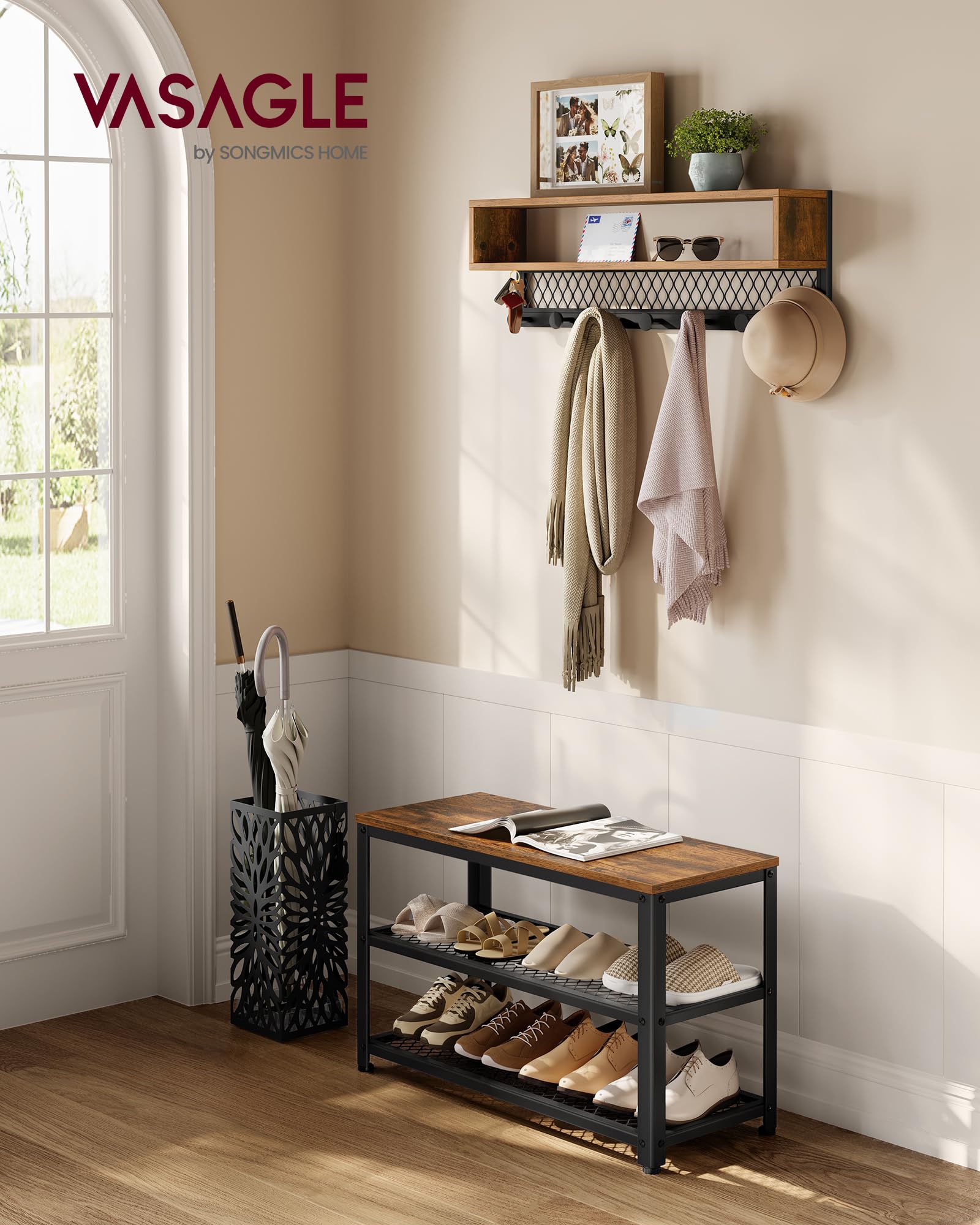 Appendiabiti Con Scarpiera E Panca 3 In 1 - Mobile Ingresso Stile Industriale, 34x72x183 Cm, 6 Ganci, Marrone Rustico