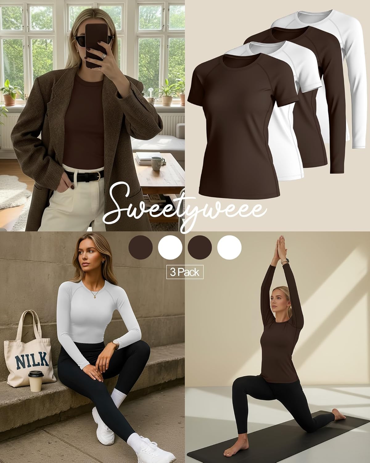 4 Pack Women's Compression Shirts Long/Short Sleeve Crew Neck Slim Fit Tops Basic Workout Yoga Gym Sports Gear - Image 2