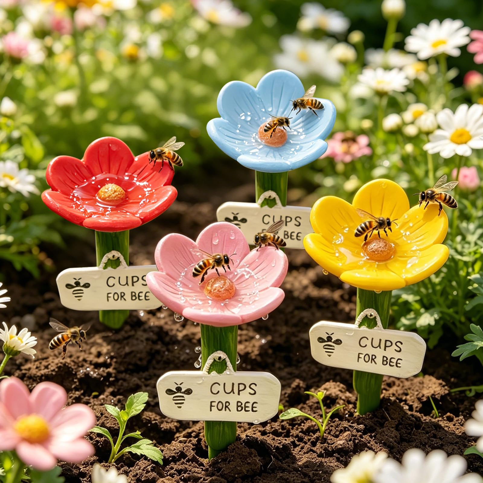 4 Pieces Bee Watering Station for Garden, Cups for Bees with Adjustable Stakes, Flower Shaped Butterfly Bee Drinking Station, Butterfly Feeders for Thirsty Pollinators, Outdoor Yard Lawn Patio Decor