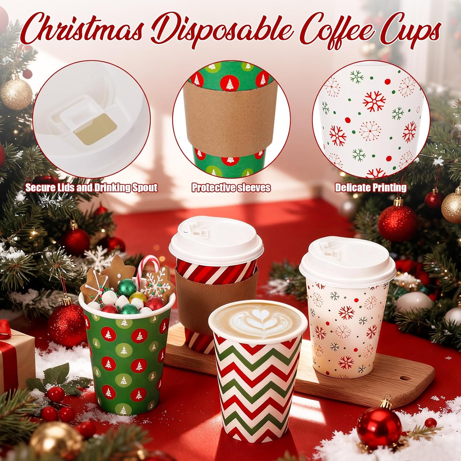 Cunhill 100 Set Christmas Disposable Coffee Cups 12 oz with Lids Sleeves Bulk Durable Thickened Paper Christmas Coffee Cup for Hot Chocolate Cocoa Cold Drinks Xmas Party Supplies (Striped)
