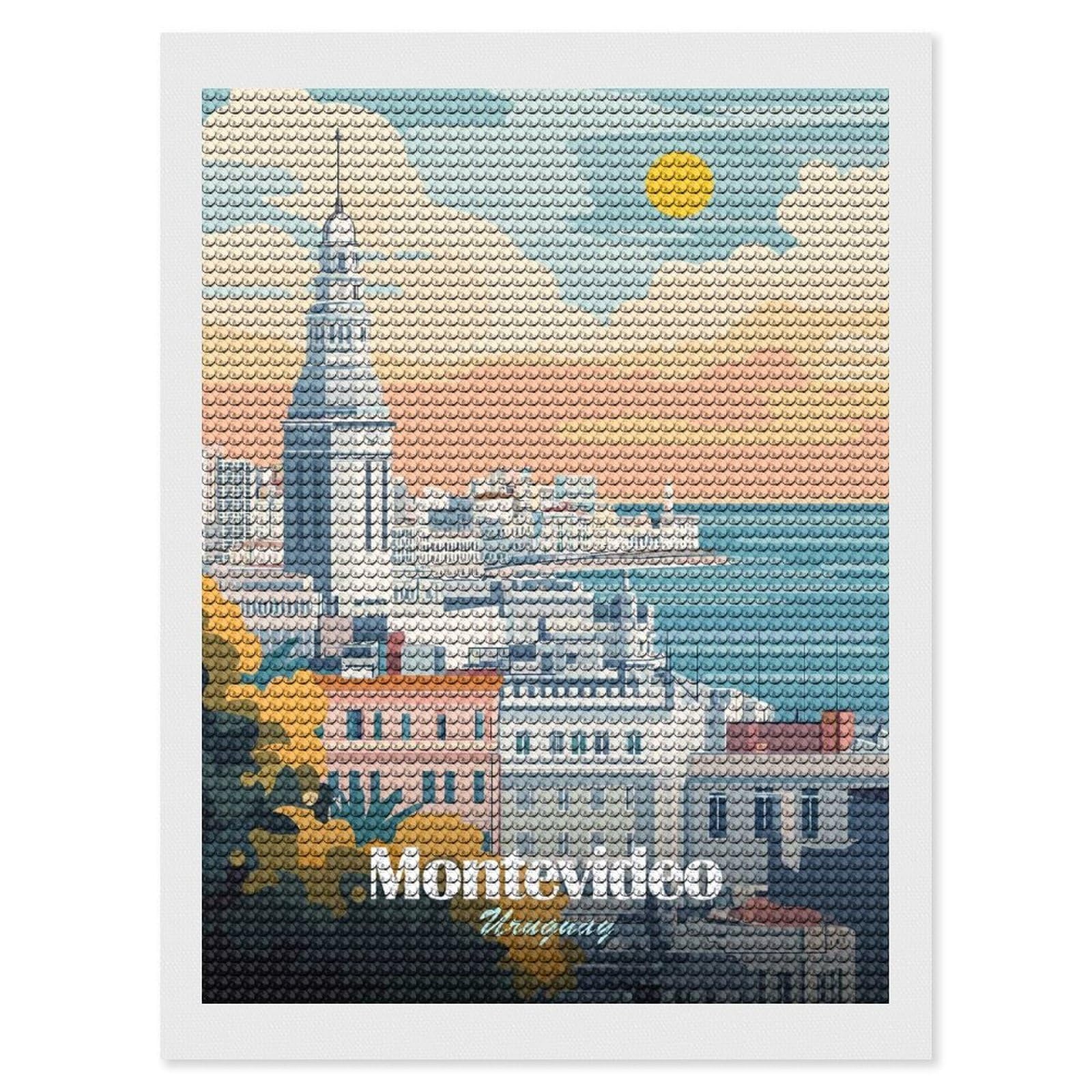 Junmoney Montevideo Uruguay Travel Diamond Painting Set 12"x16", Holiday Gift Idea, for Creative Relaxation, Fun Craft Experience, Vintage Style Decor