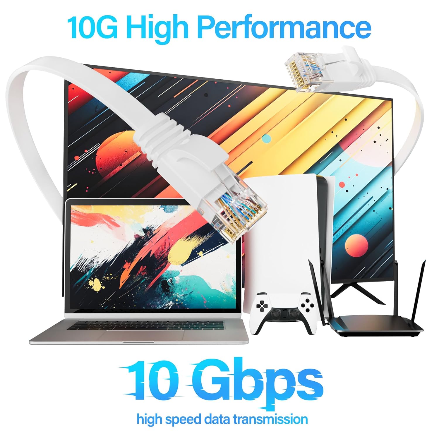 Cat 6 Flat Ethernet Cable 7 FT(5Pack), UTP 10Gbps High-Speed Cat6 Ethernet Cable, Pure Copper Cat 6 Cable, Ethernet Patch Cable for Home or Office Network Wiring, White 7FT 5PACK White