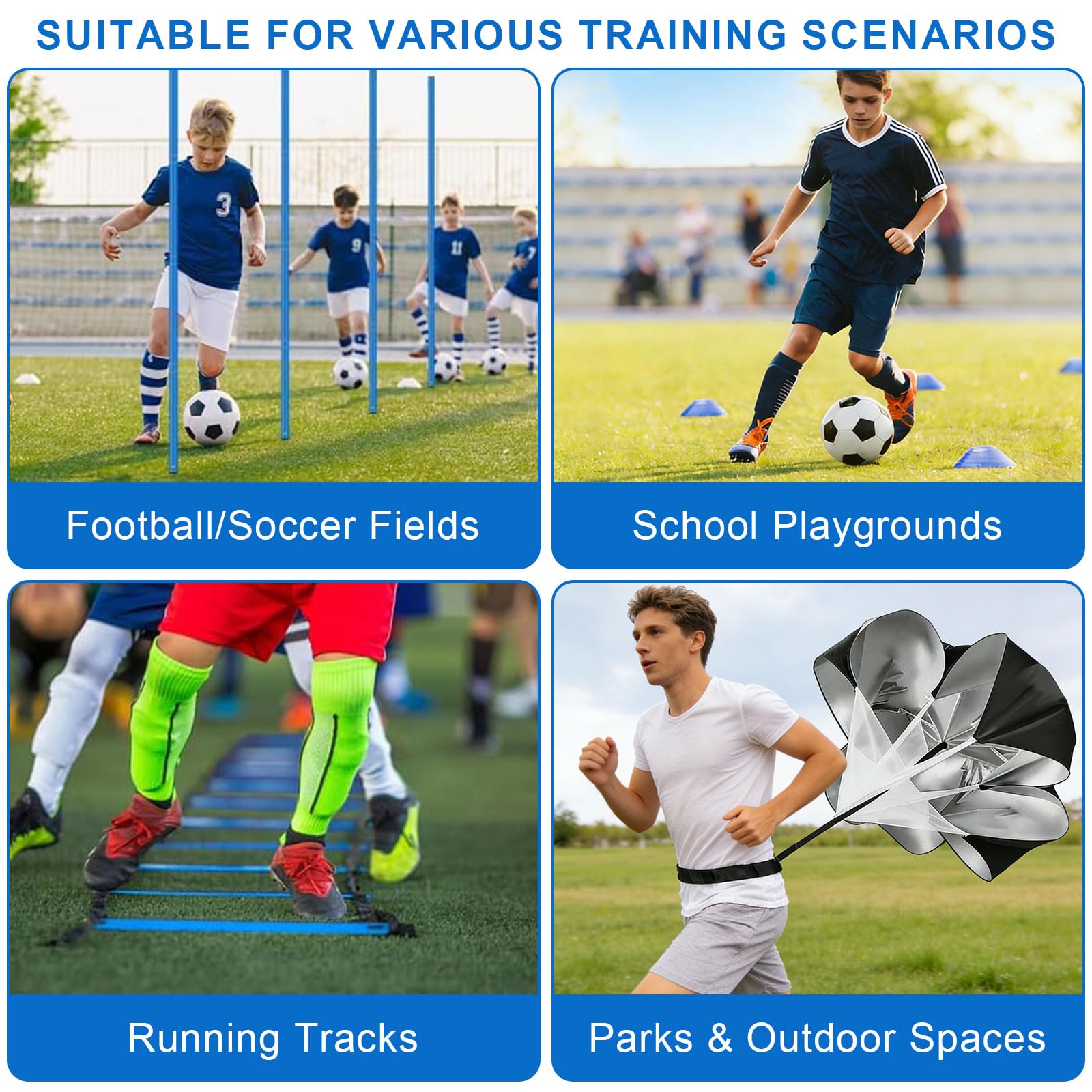 Barres de slalom - Accessoires d'entraînement de football - Kit d'entraînement de football avec 6 pôles slalom, échelle de coordination 6 m, 12 cônes, corde à sauter et parachute de