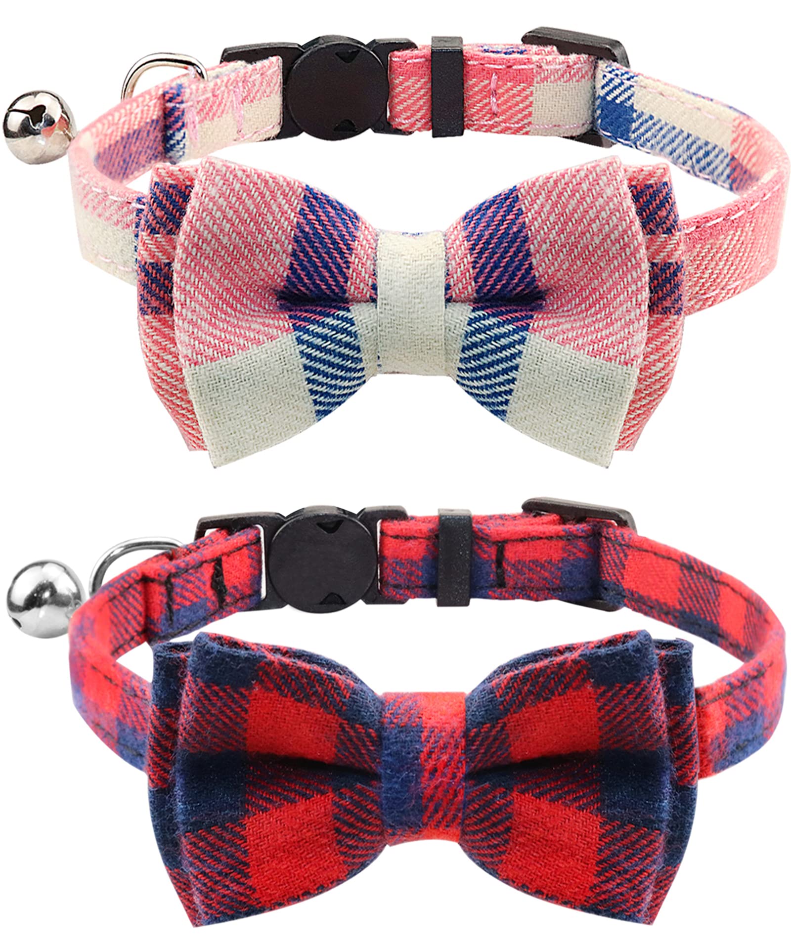 Joytale Upgraded Cat Collar with Bells, Breakaway Cat Collars with Bow Tie, 2 Pack Girl Boy Safety Plaid Kitten Collars, Pink+Red