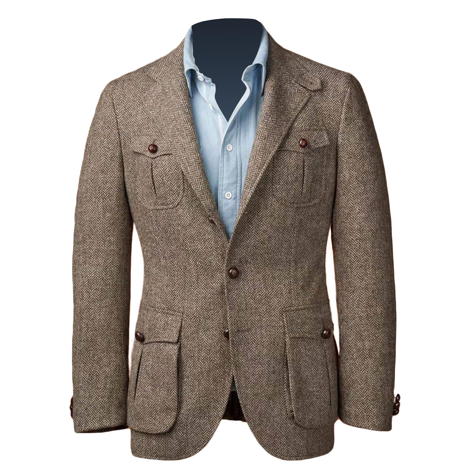 Manteaux de sport en tweed à chevrons pour homme - Deux boutons - Style décontracté - En laine mélangée - Marron - Vintage