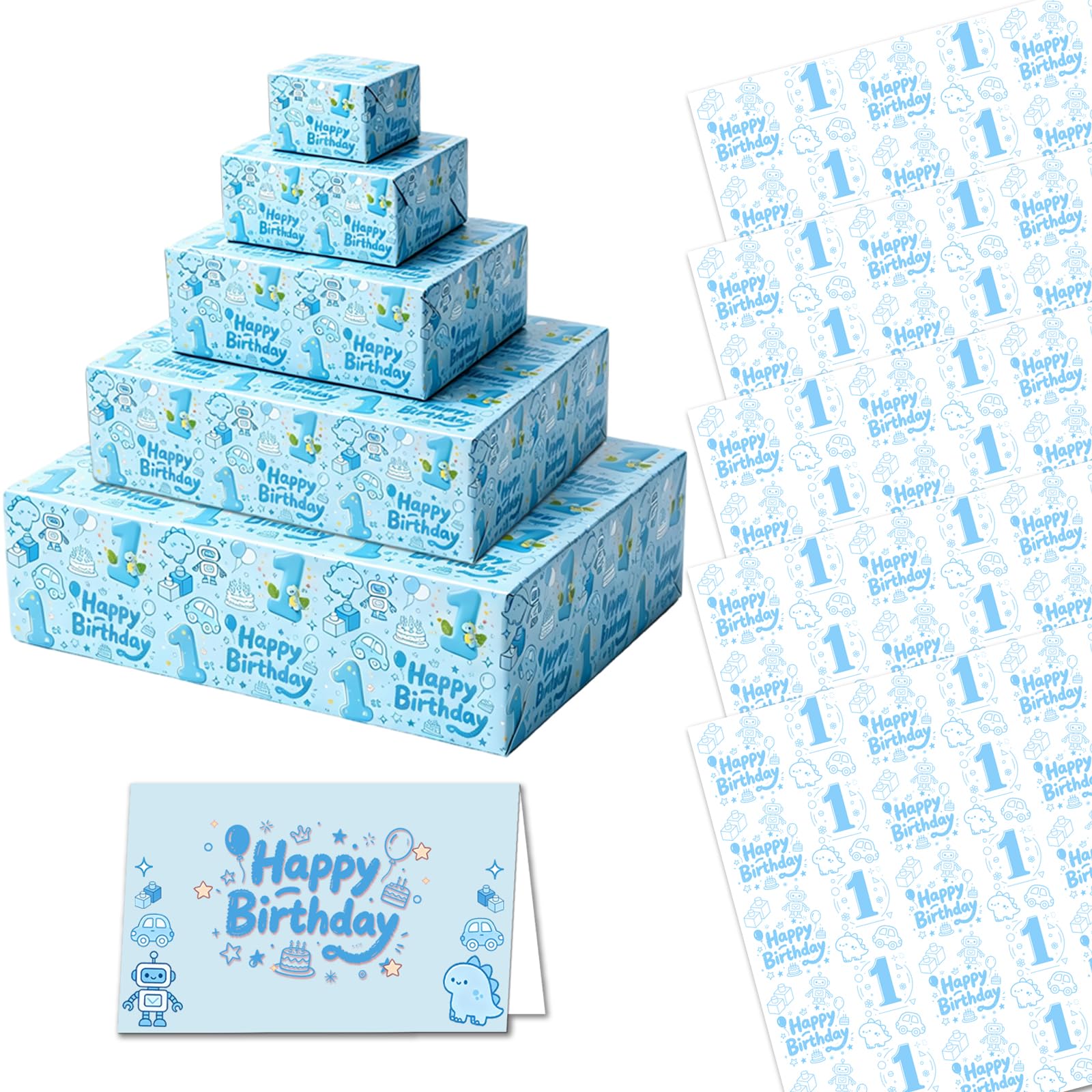 11pcs Baby Blue 1st Birthday Wrapping Paper Boys,50x70cm Cute Dinosaur Car Pale Blue Boys 1st Wrapping Paper Happy 1 Birthday Gifts Wrap Papers with Card for New Baby Boy 1 yr Old Birthday Decorations
