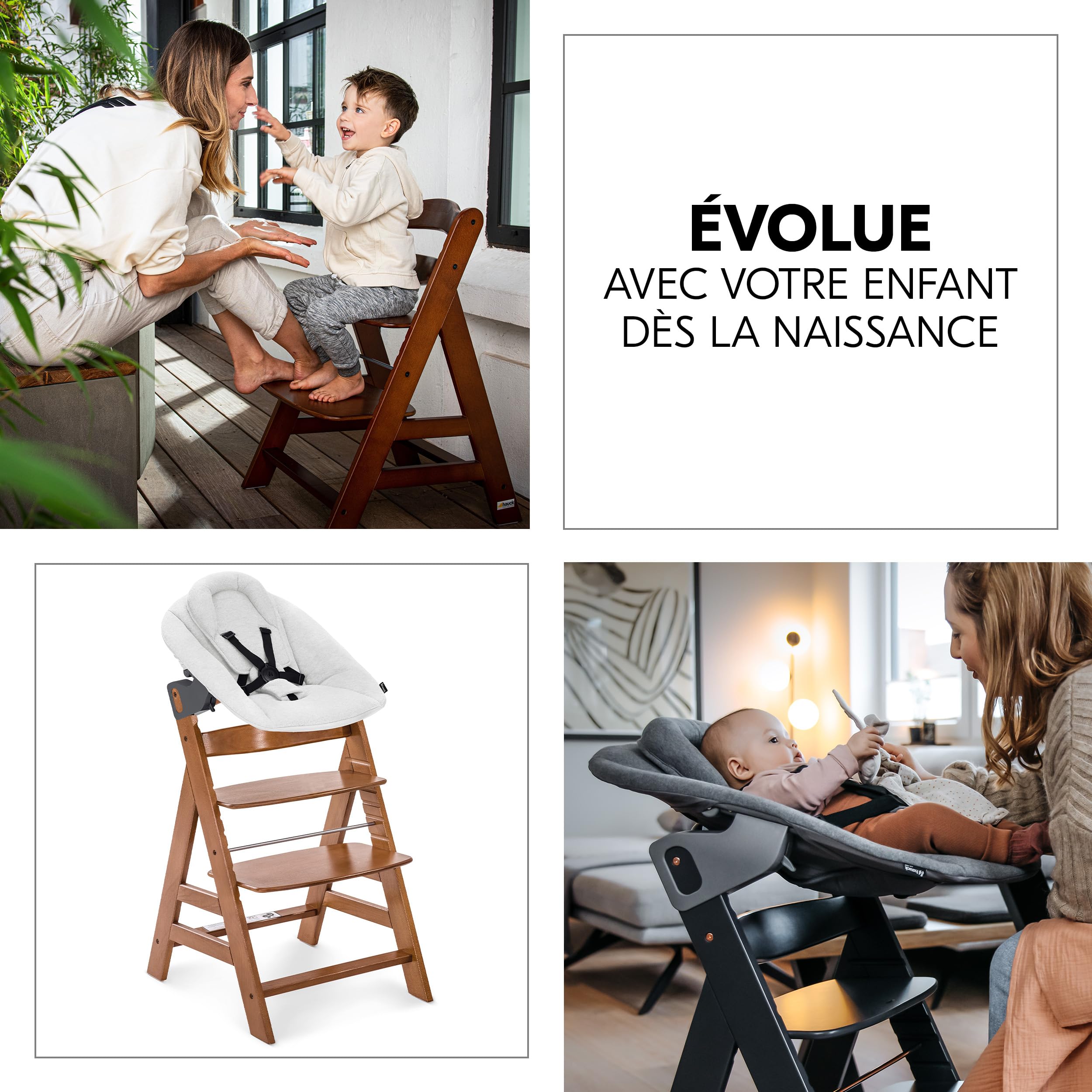 hauck Chaise Haute Bébé Alpha+ avec Siège Nouveau-né Premium - Walnut | Chaise haute évolutive en bois, de la naissance à 90 kg, inclus assise bébé avec réducteur, coussin, idéal pour repas