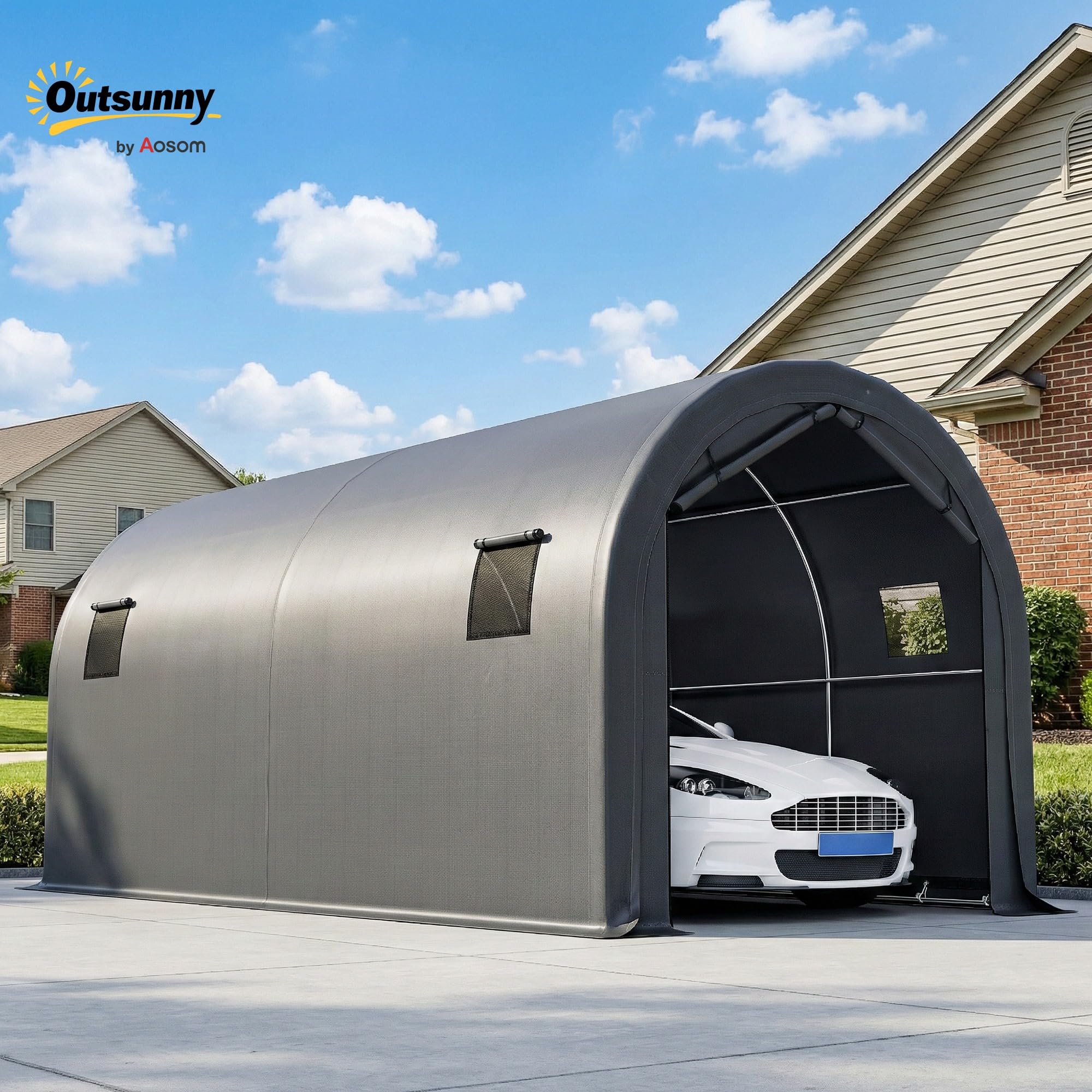 Outsunny Carpa Garaje Portátil 3x6 m, Garaje Exterior para Coche Impermeable con Puerta Enrollable con Cremalleras y 4 Ventanas, Marco Metal Galvanizado, UPF 30+, Cobertizo de Almacenamiento, Gris