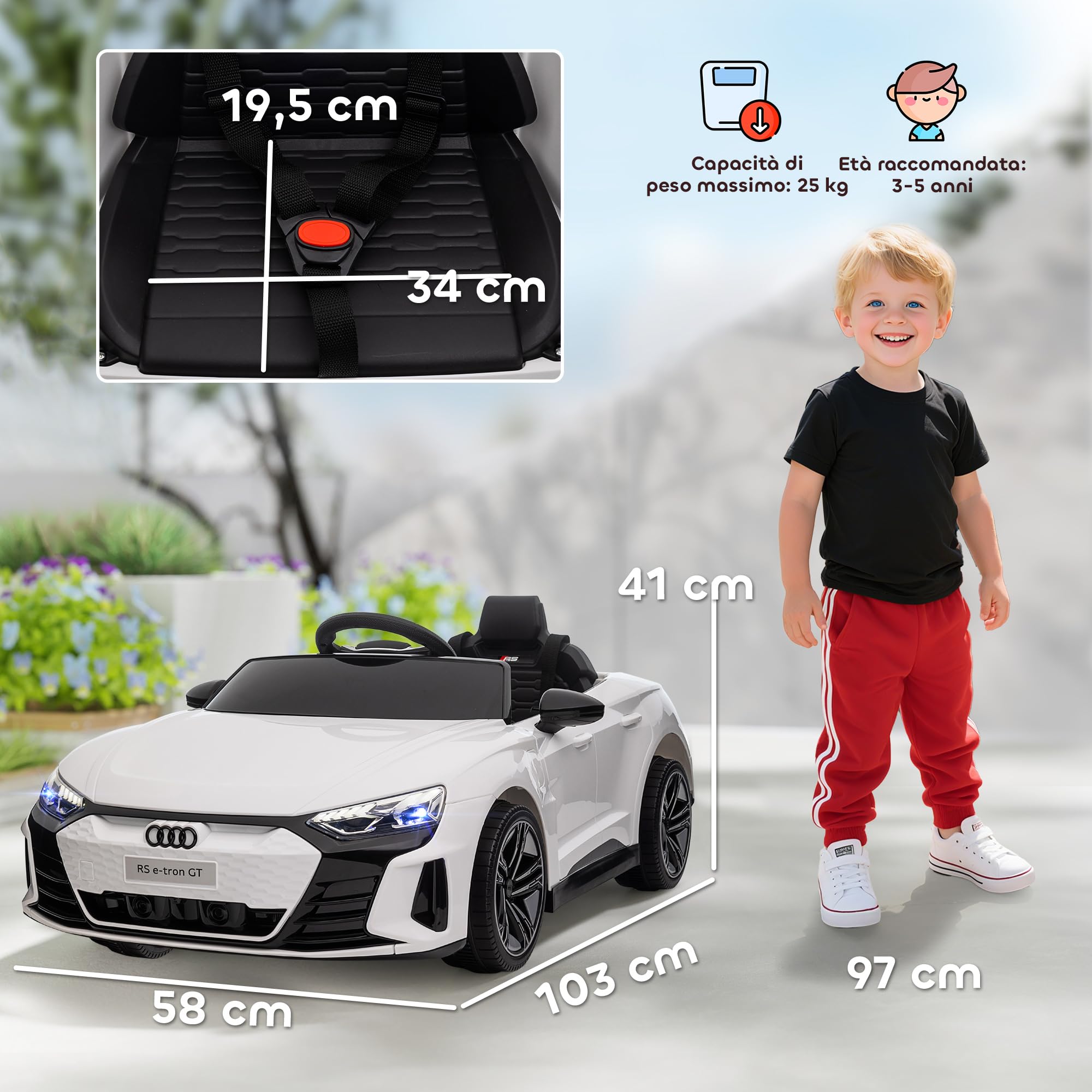 HOMCOM AUDI RS e-tron GT Macchina Elettrica per Bambini 3-5Anni, 12V Doppio Motori Auto Elettrica per Bambini 3-5km/h, Cintura di Sicurezza, Telecomando, Sospensioni, Musica, Luci LED, Clacson