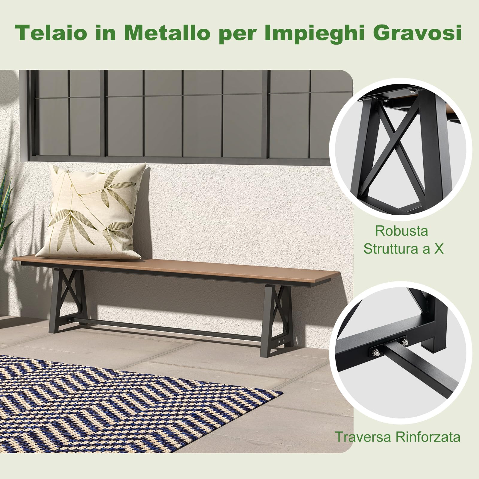 COSTWAY Panchina da Esterno in HDPE, Panca da Giardino Resistente alle Intemperie con Struttura Metallica, Panchina da Giardino, Cortile, Patio e Parco, Capacità di 500 KG