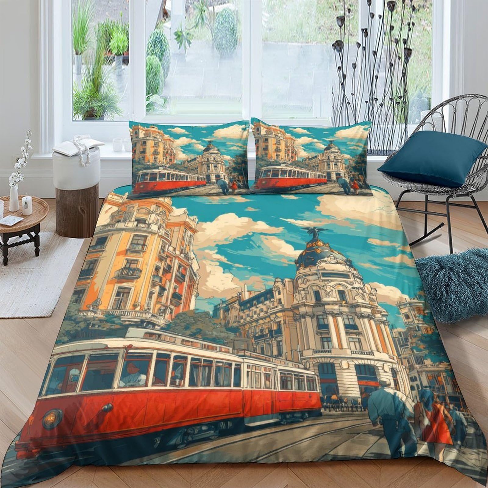 Ctjqhvkz Style-3 3D Printed Vintage Tram Fitted Sheet Microfiber Urban Cityscape Bed Cover For Bedroom Guestroom Decor Mattress Protection Single（135X200cm）