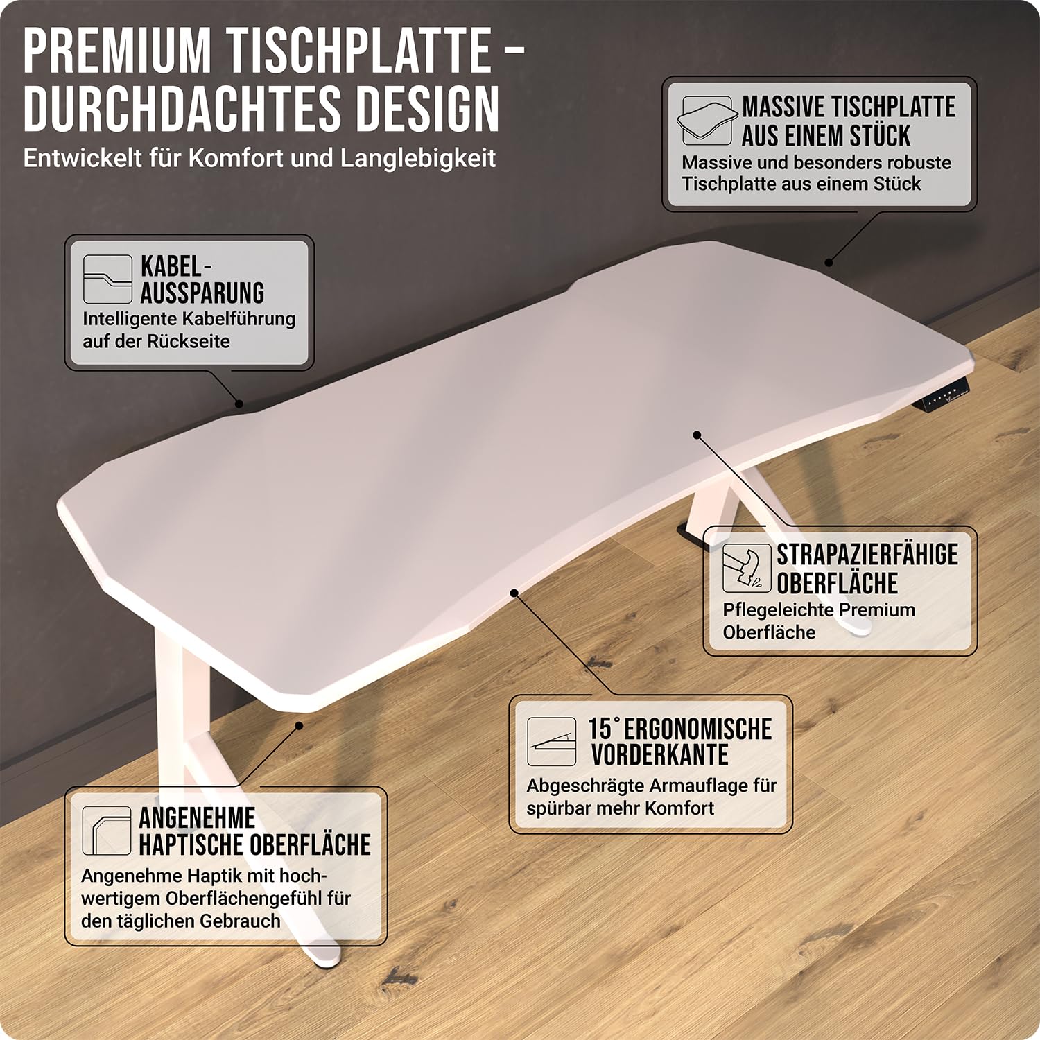 Schreibtisch höhenverstellbar 140x70 elektrisch Weiß | Gaming Tisch | Massive Standstabilität · 4-Höhen speicherbar · Massive MDF-Platte · Elektrisch stufenlos verstellbar