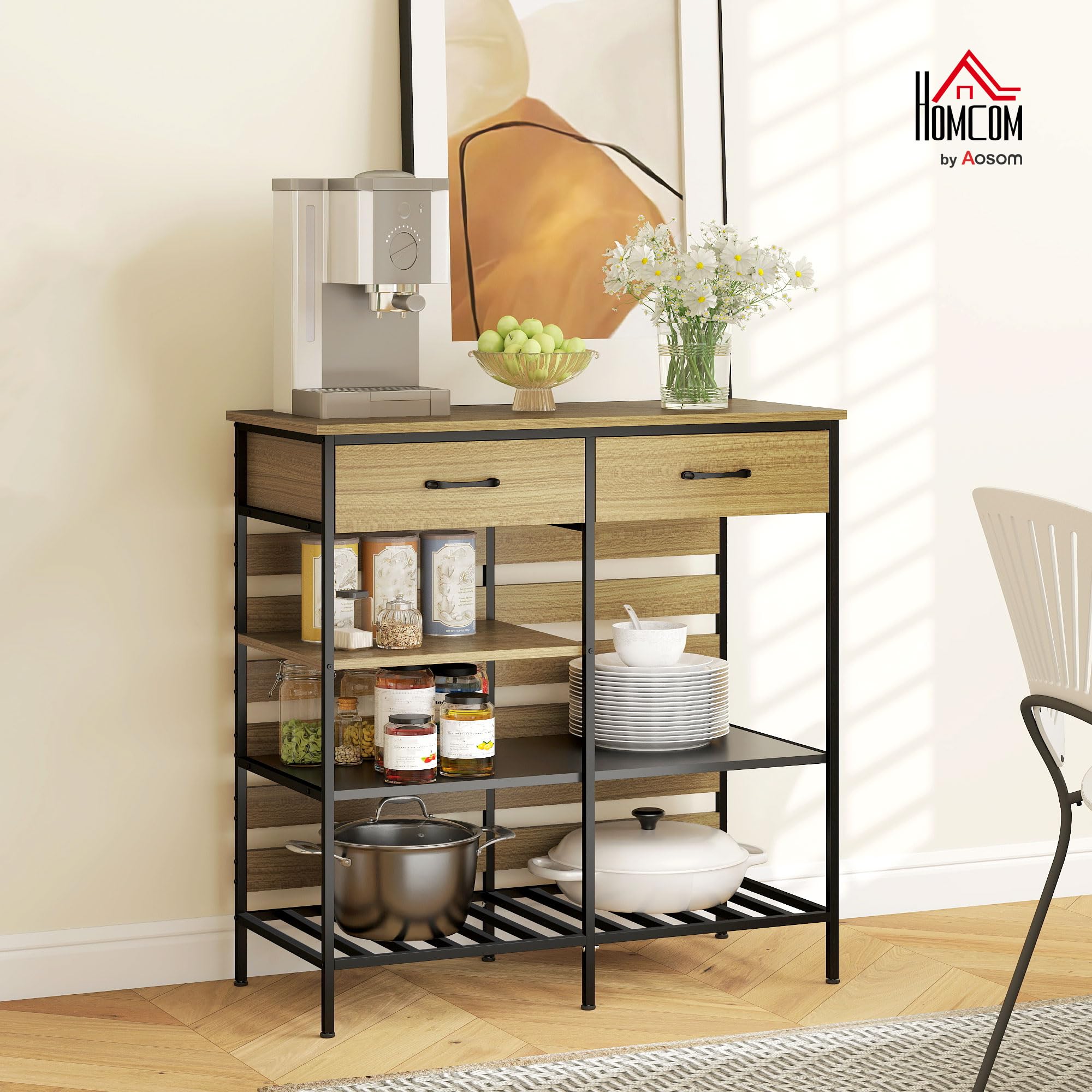 HOMCOM Buffet Cuisine, Meuble de Rangement avec 2 tiroirs et 3 étagères Ouvertes, Style Industriel, Cadre en Acier, pour Salle à Manger, Salon, Cuisine, 90 x 40 x 91 cm, Bois Naturel et Noir | Meuble de Rangement, 3 Étagères Ouvertes, Style Industriel, Ca