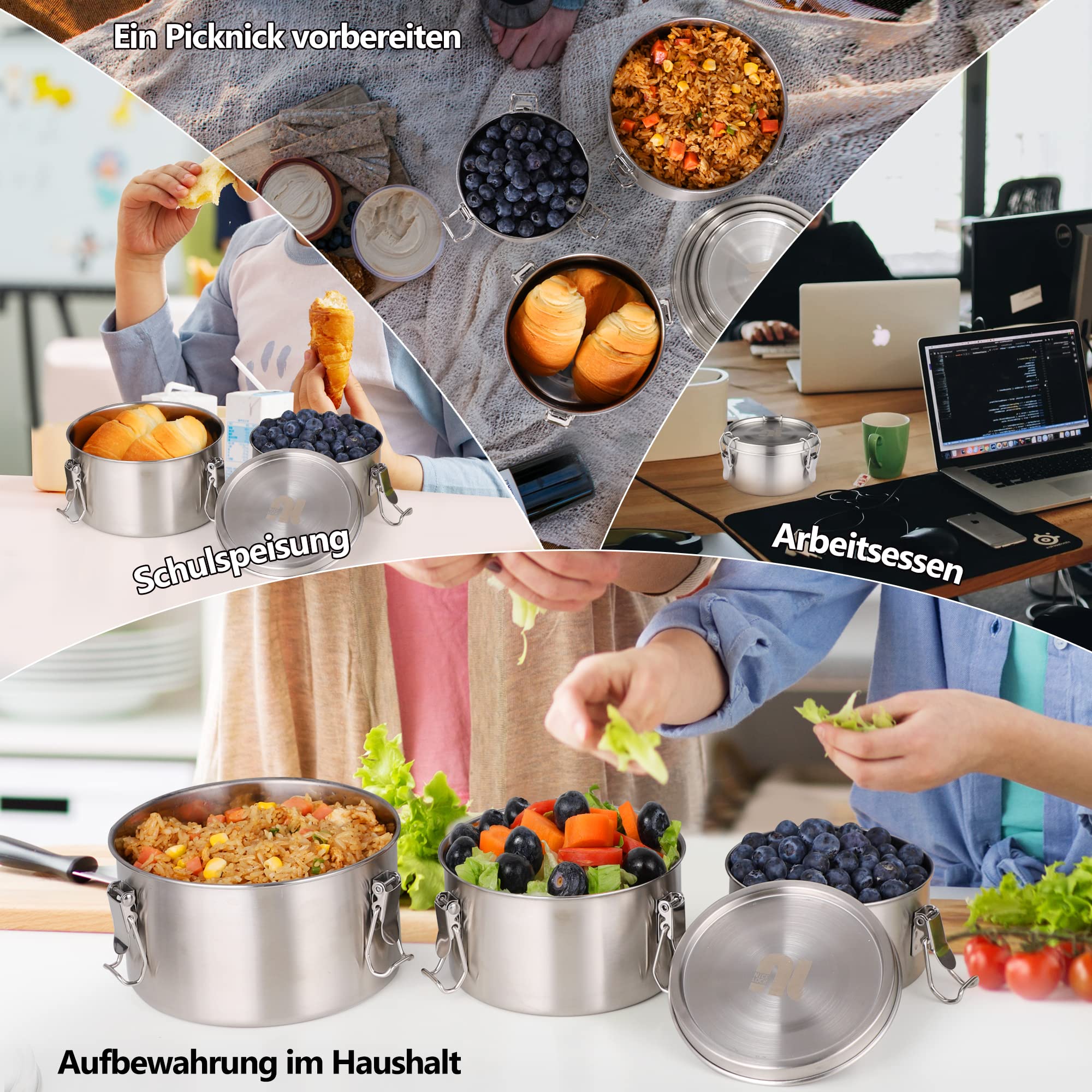 nicelock Fiambrera con separación (3 unidades) para adultos y niños, fiambrera de acero inoxidable, adecuada para aperitivos, frutas, cereales, sopas y comidas principales, etc.