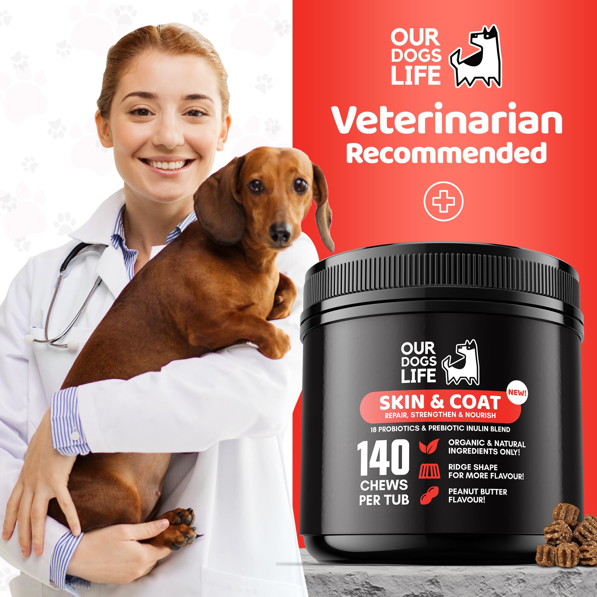 Complément Alimentaire Chien Peau et Pelage | 140 Comprimés | Oméga 3-6, Biotine, Huile de Saumon | Anti-Démangeaisons | Brillance Poil | Toutes Races | DogsLife