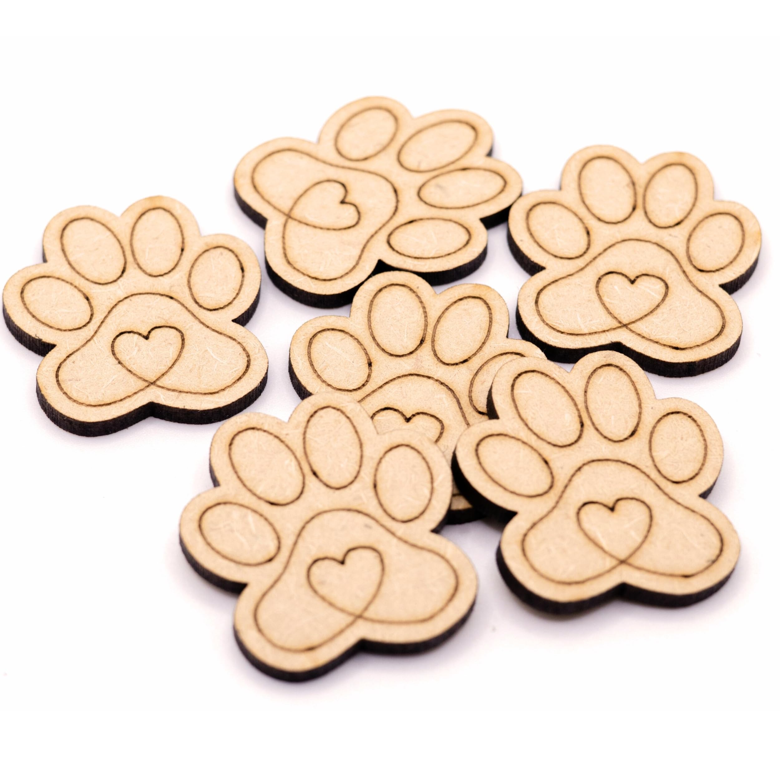 Wooden Paw Prints - Dog Paw Shapes with Heart – Small Wooden Cat Paw Print Embellishments for DIY Crafting, Painting, Card Making, MDF Craft Blanks & Wooden MDF Shapes, 20mm & 35mm (100 Pack, 35mm)