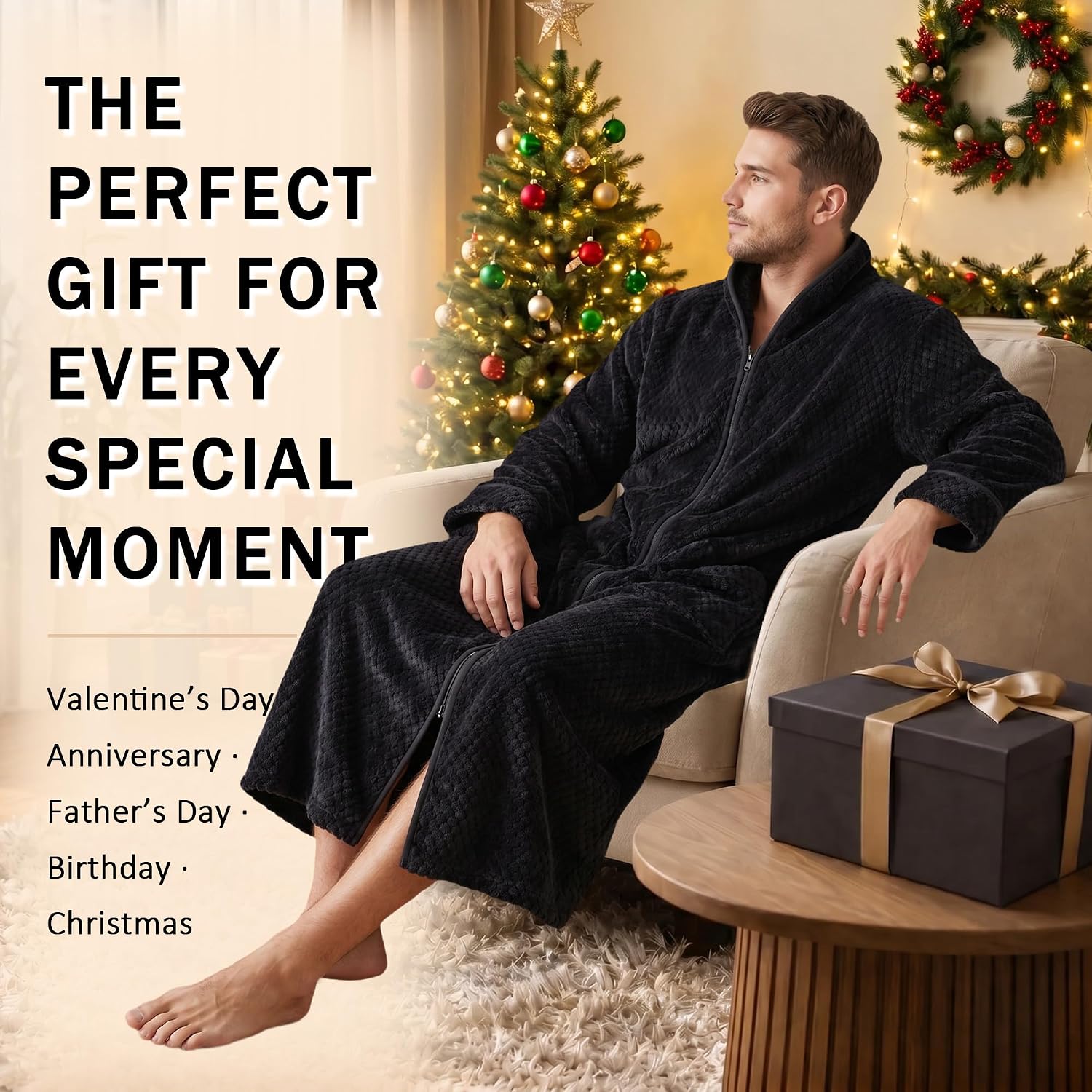 U2SKIIN Men's Fleece Robe, Soft Plush Zippered Bathrobe for Men with Pockets, Warm Fuzzy House Coat