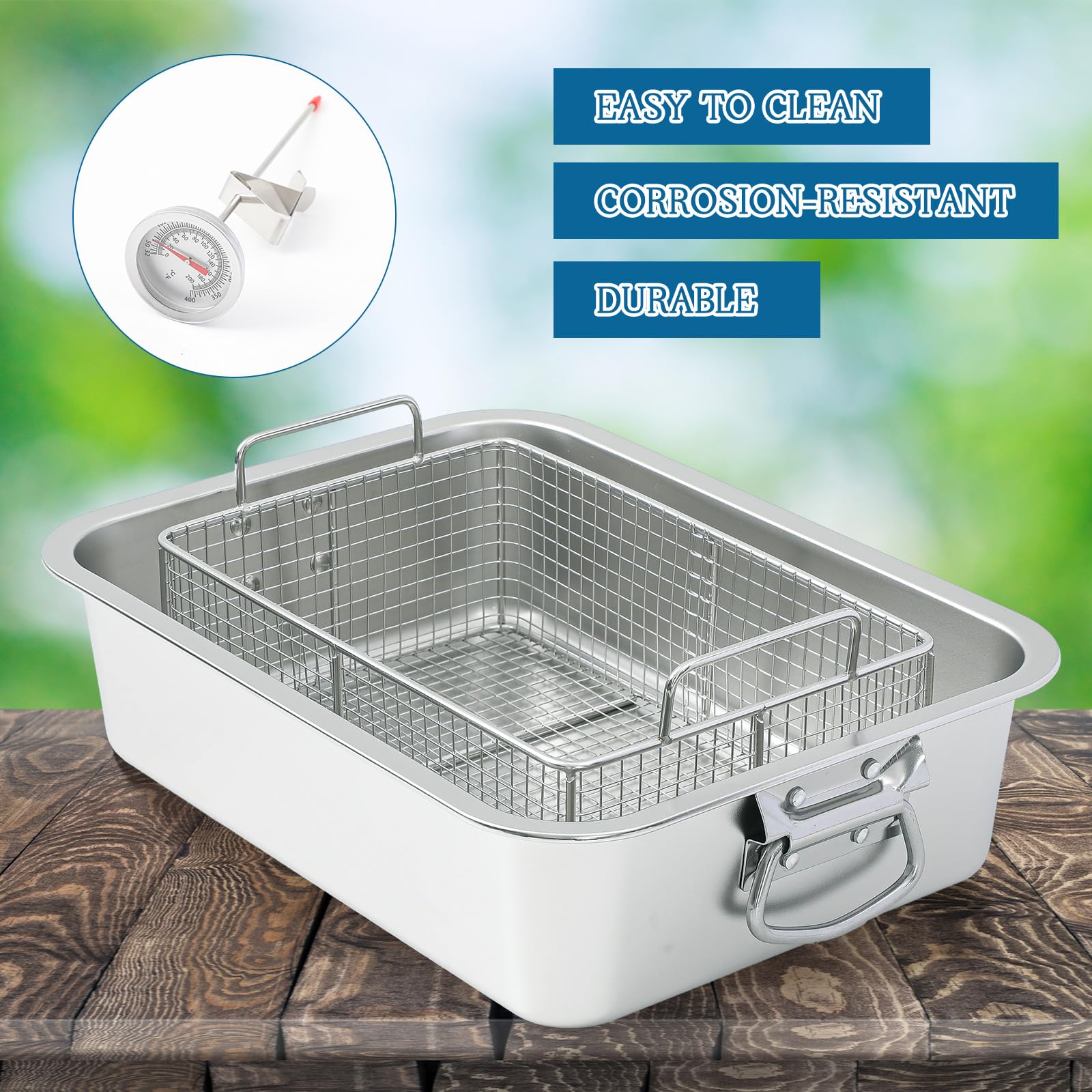Teenyyou Sartén profunda con cesta de acero inoxidable de 10 cuartos de galón, freidora con cesta rectangular para perros de maíz con termómetro de aceite para cocinar patatas fritas pollo