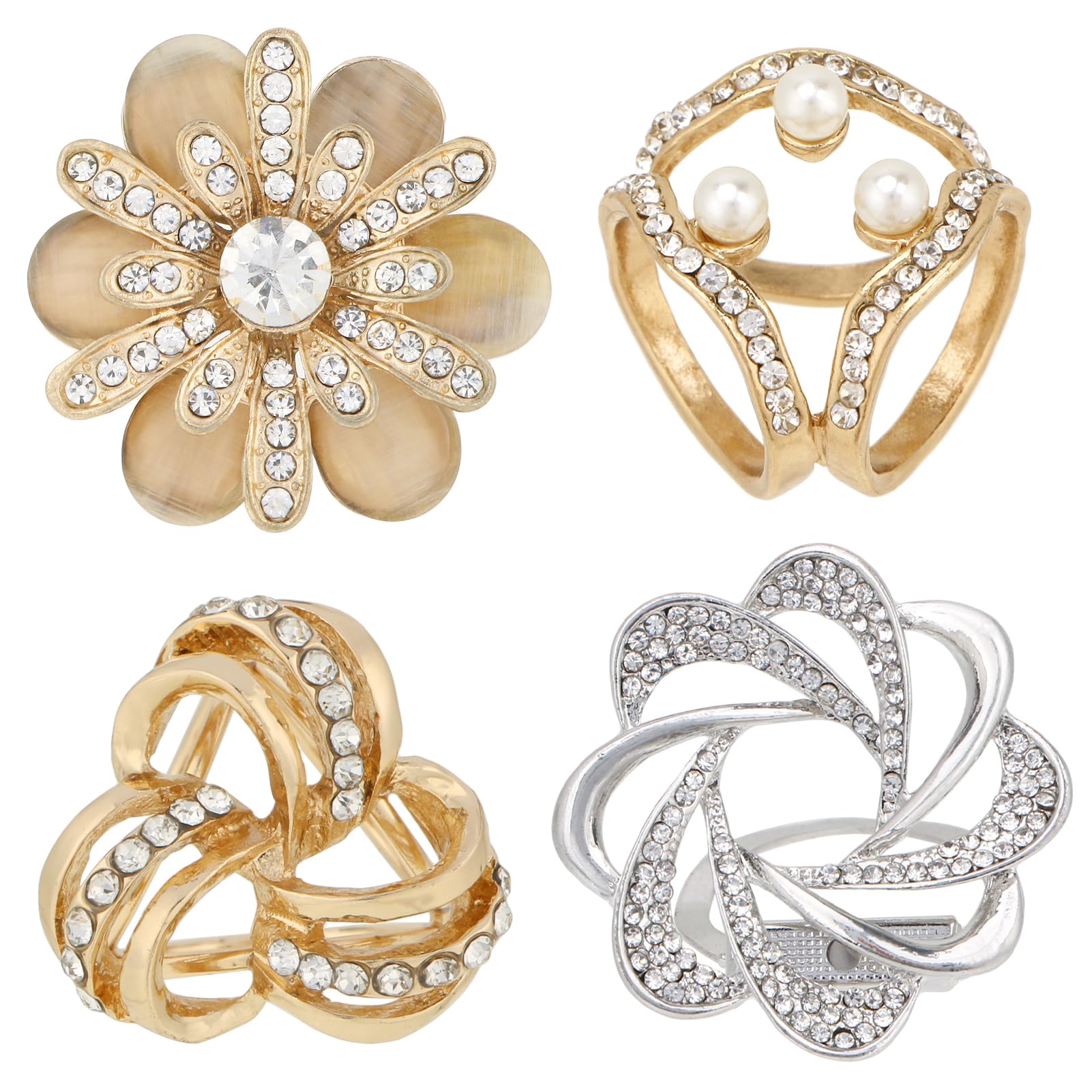 kilofly4pc Women's Elegant Faux Pearl Crystal Rhinestone Scarf Ring Buckle Clip