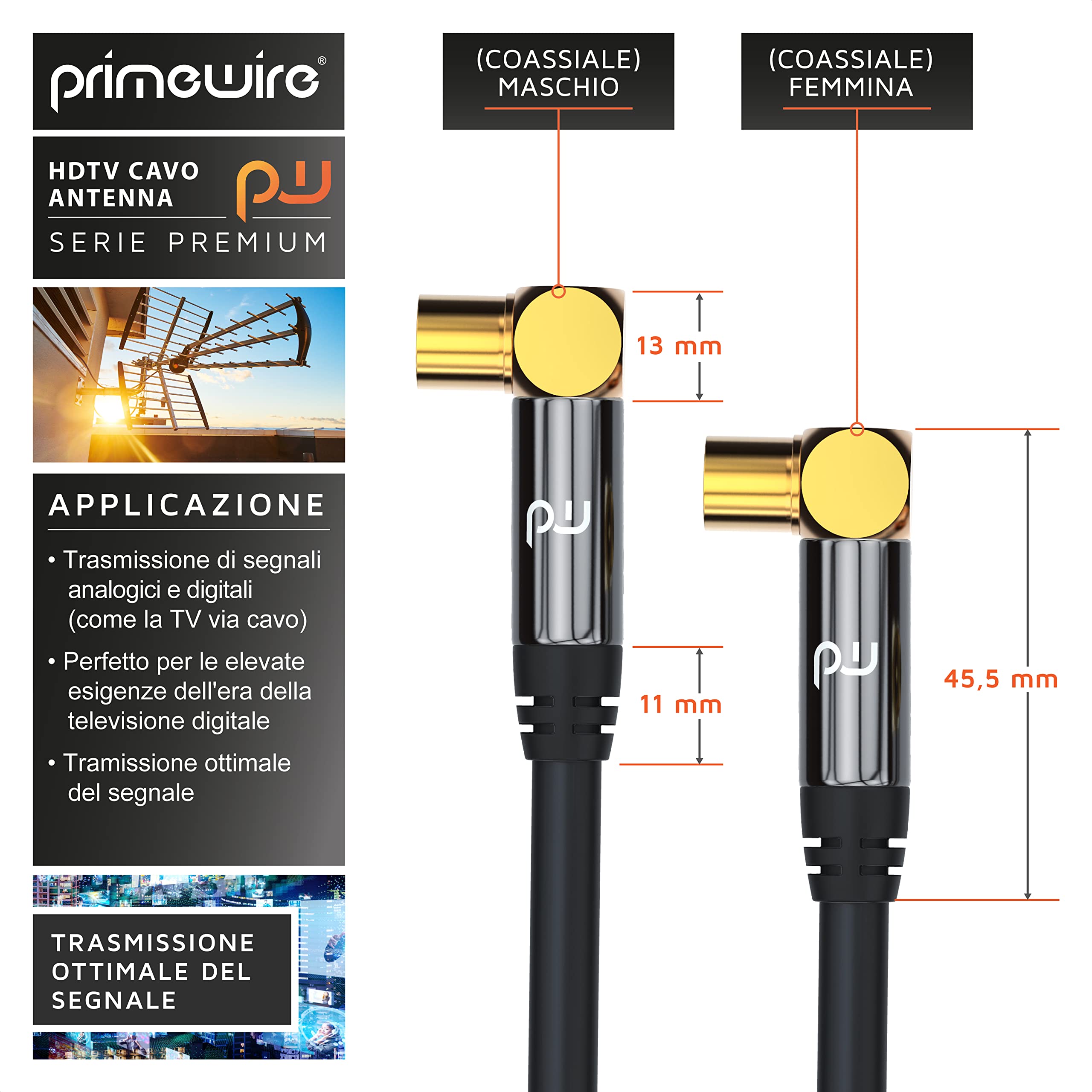 1m Cavo Antenna a Gomito 90 Gradi maschio femmina - Serie Premium professionale - DVB-T Digitale terrestre UHF VHF - Connettori dorati - 75 Ohm - Resistenza 135dB – Spessore cavo 7,5mm – Nero